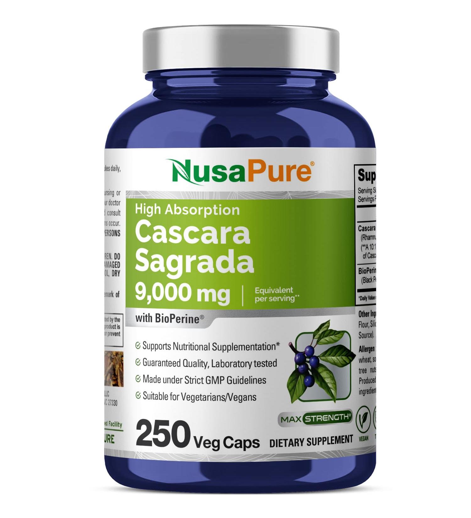 NusaPure Cascara Sagrada 9 000mg - 250 Vcaps (Bioperine Non-GMO 10:1 Extract) | International Shipping Available - Buy Online on GoSupps.com
