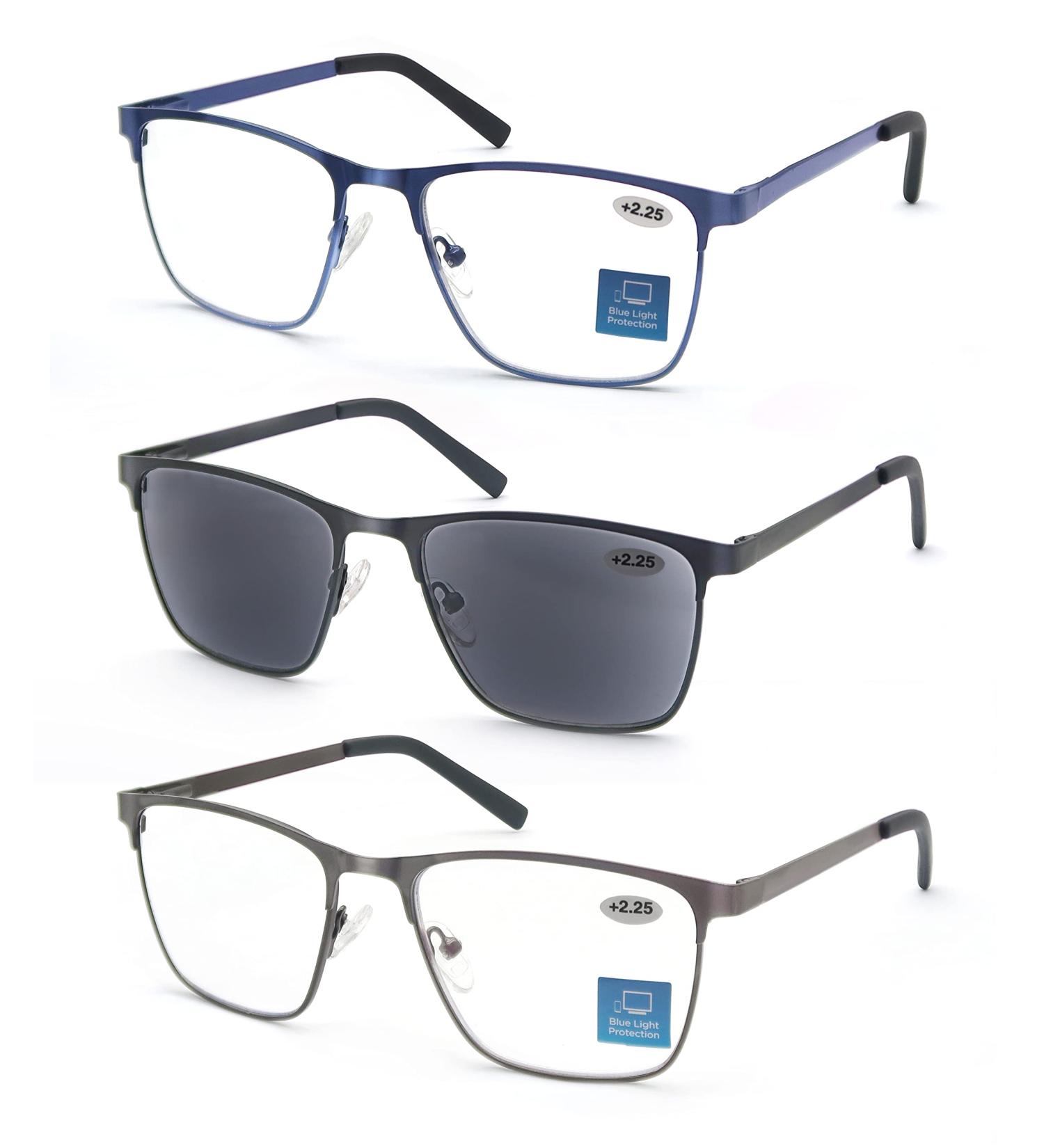 MODFANS 3 Pack Reading Glasses for Men - Blue Light Filter Metal Rectangle Frames Stainless Steel - Black Grey Blue +2.25 - Buy Online on GoSupps.com