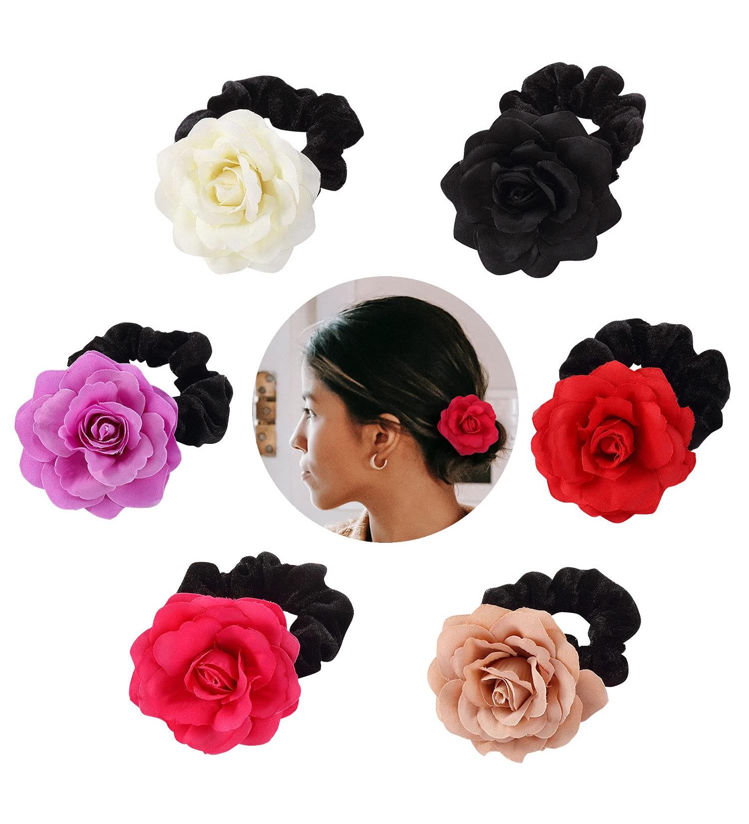 6 Pack Handmade Velvet Rose Flower Hair Bow Garland Elastic Hair Ties for Women - Wedding Bridal Party Accessories - Buy Online on GoSupps.com
