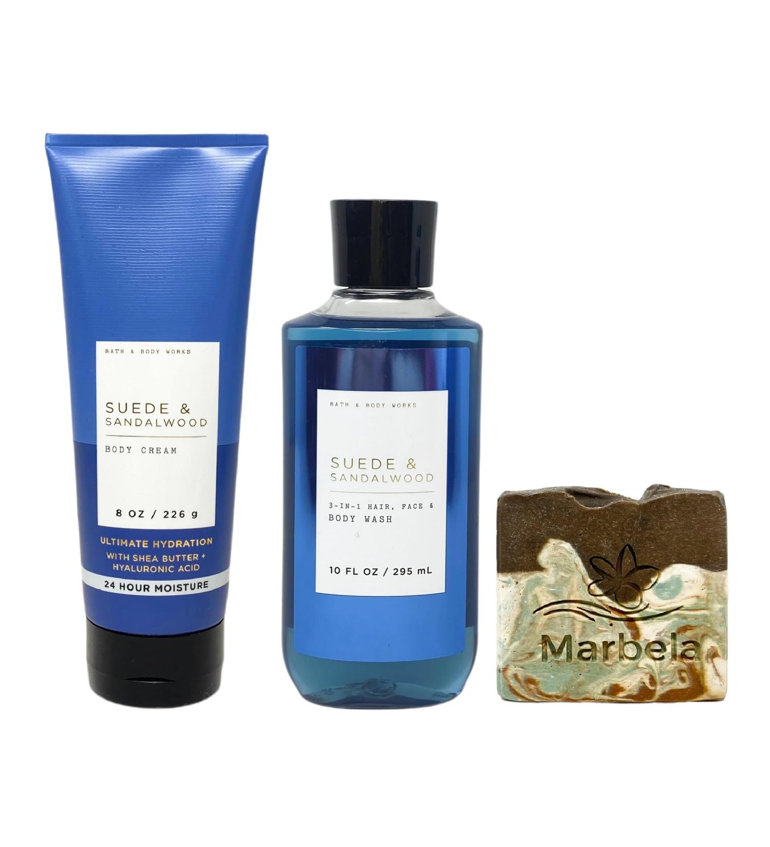 Bath & Body Works Suede & Sandalwood Body Cream and 3-in-1 Hair Face & Body Wash Bundle with a Cabin Spice Bar Soap - Full Size - Buy Online on GoSupps.com