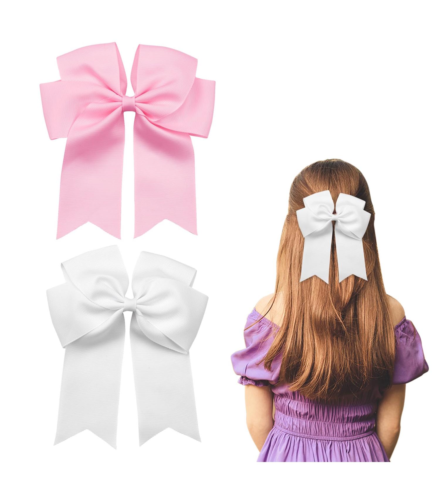 2 Pack 6 inch Bow Hair Clips Large Hair Bow Hair Barrette Clips for Women Girls White Hair Bows(White Pink) - Buy Online on GoSupps.com