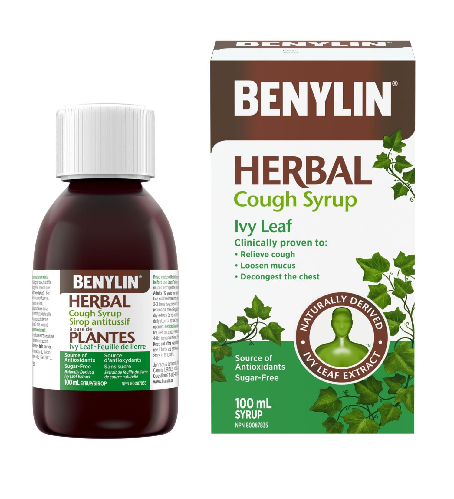 BENYLIN HERBAL Cough Syrup Ivy Leaf Herbal Decongestant Cold & Flu Relief Cough Suppressant Sugar Free Antioxidants 100-mL - Buy Online on GoSupps.com