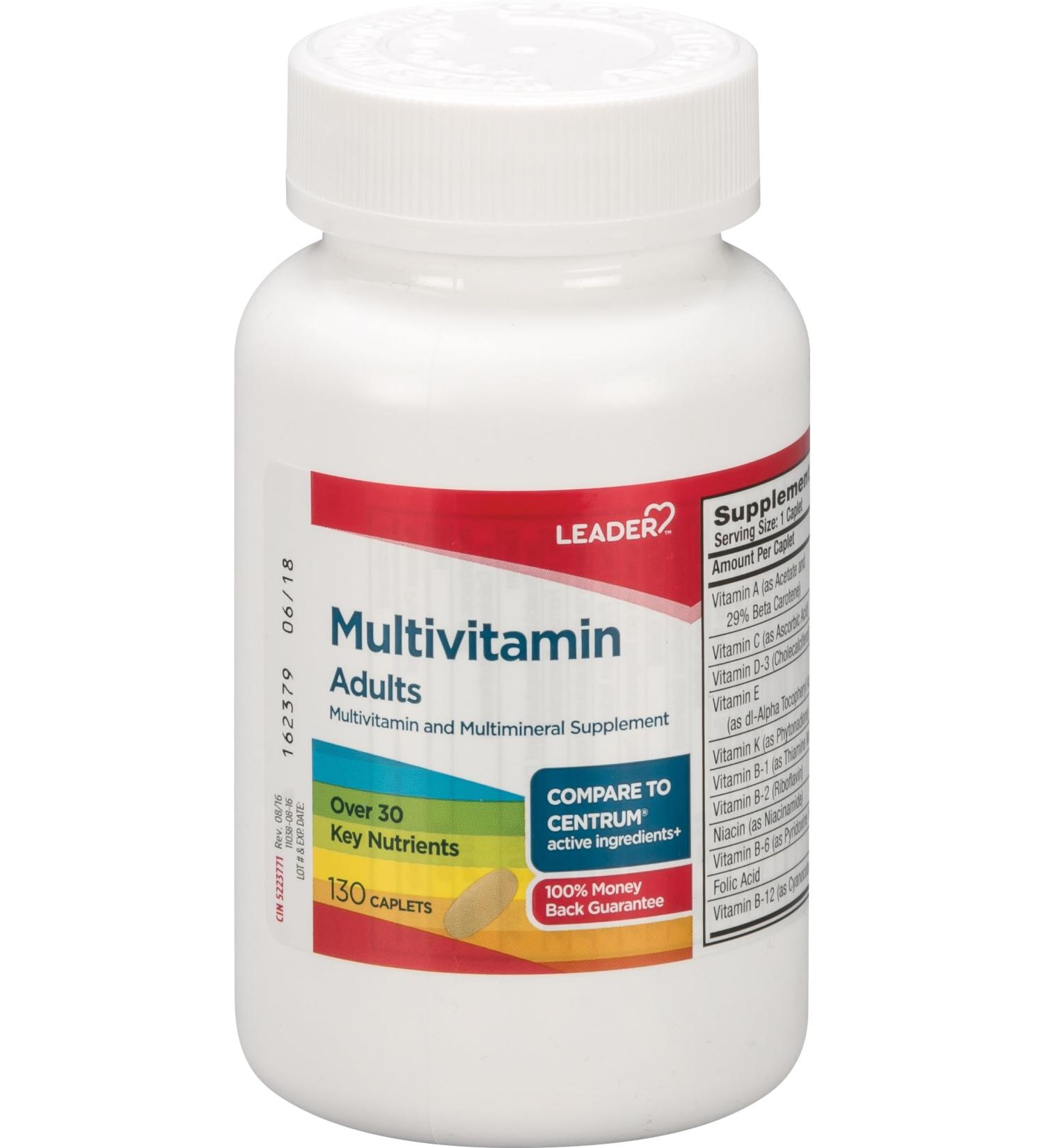 Leader Adult Multivitamin Caplets 130 Ct. Daily Nutritional Support for Overall Wellness 130 Multivitamin