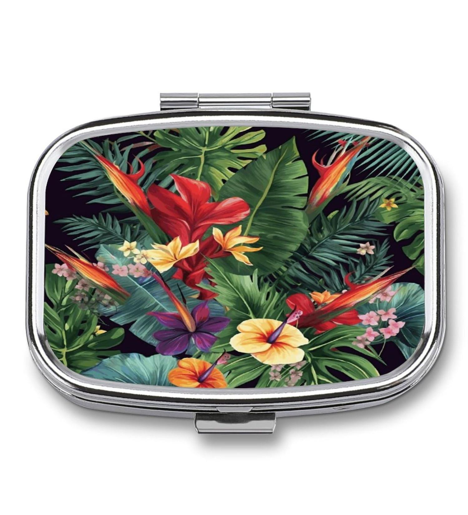 Pill Box with Tropical Plant Flowers Print - 2 Compartment Decorative Metal Pill Organizer for Pocket & Purse | International Shipping - Buy Online on GoSupps.com
