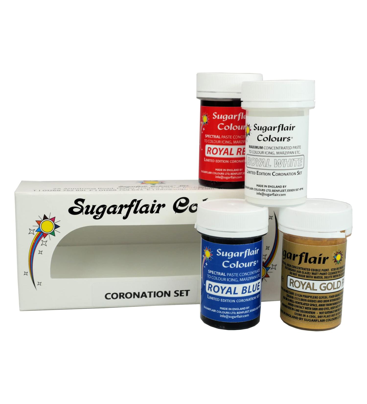 Sugarflair Limited Edition Coronation Colours Set of 4 - Royal Red Royal White and Royal Blue Highly Concentrated Food Colouring and Gold Edible Paint. - Buy Online on GoSupps.com