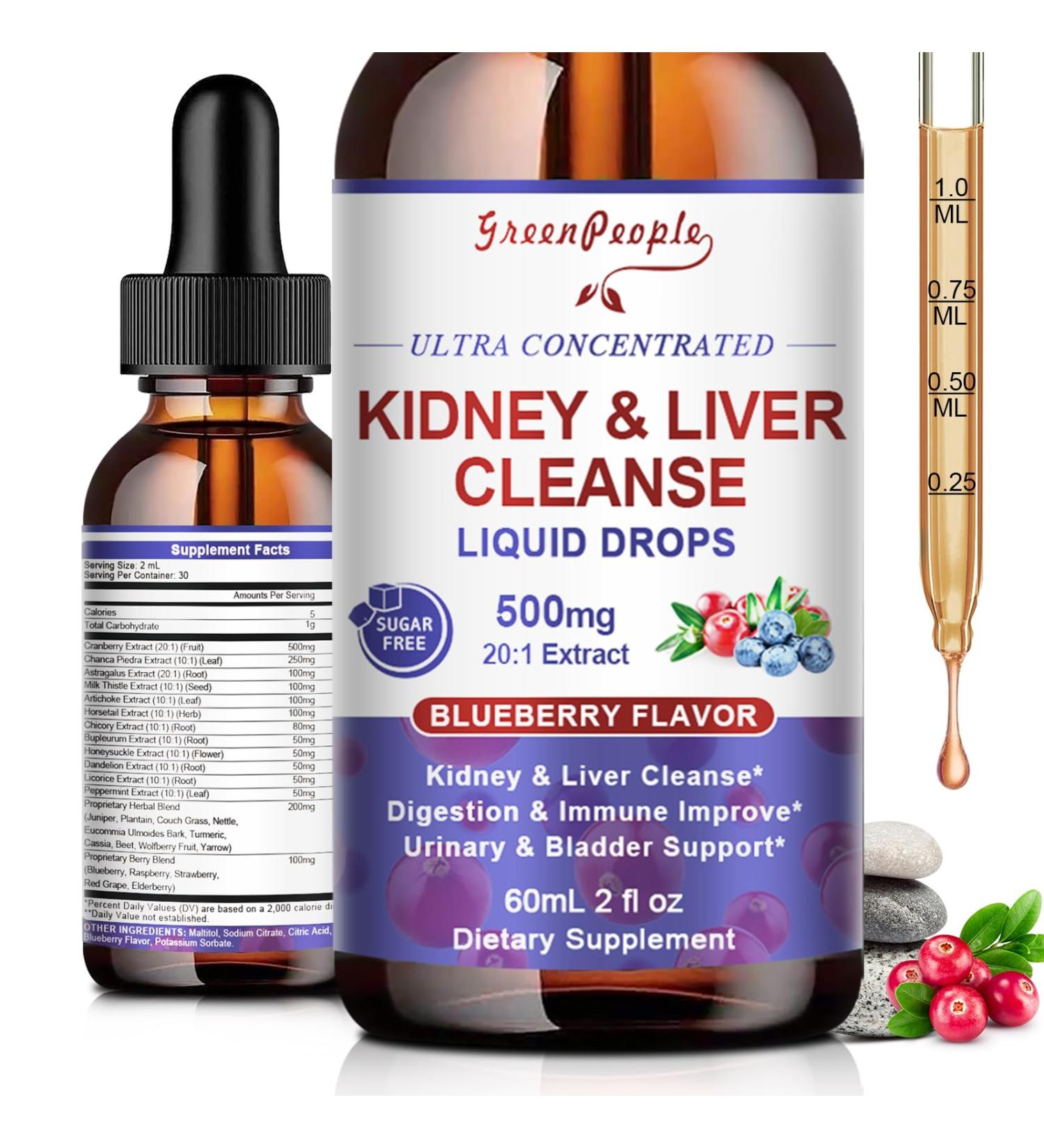 GREENPEOPLE Kidney Cleanse Detox & Repair - 27-In-1 Kidney & Liver Drops with 20:1 Cranberry Extract & Chanca Piedra, Alcohol-Free Supplement for Urinary Tract & Liver Support (2 Oz 1 Pack, Blueberry) Blueberry 2 Fl Oz (Pac  - Buy Online on GoSupps.com
