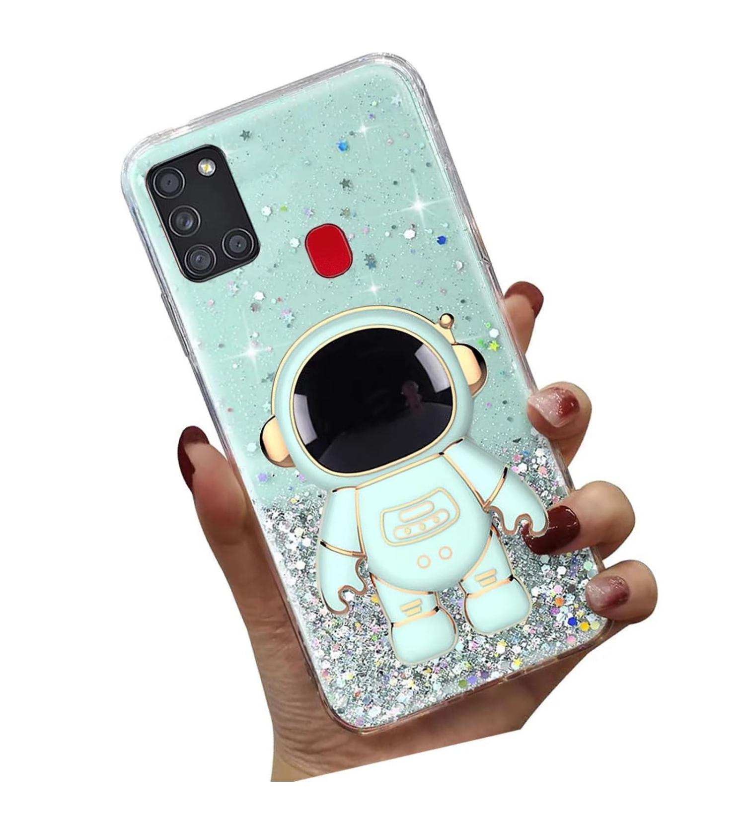 Shop Tivenfezk Astronaut Glitter Stand Case for Samsung Galaxy A21S - Soft Silicone Protective Cover - Transparent Green - Buy Online on GoSupps.com