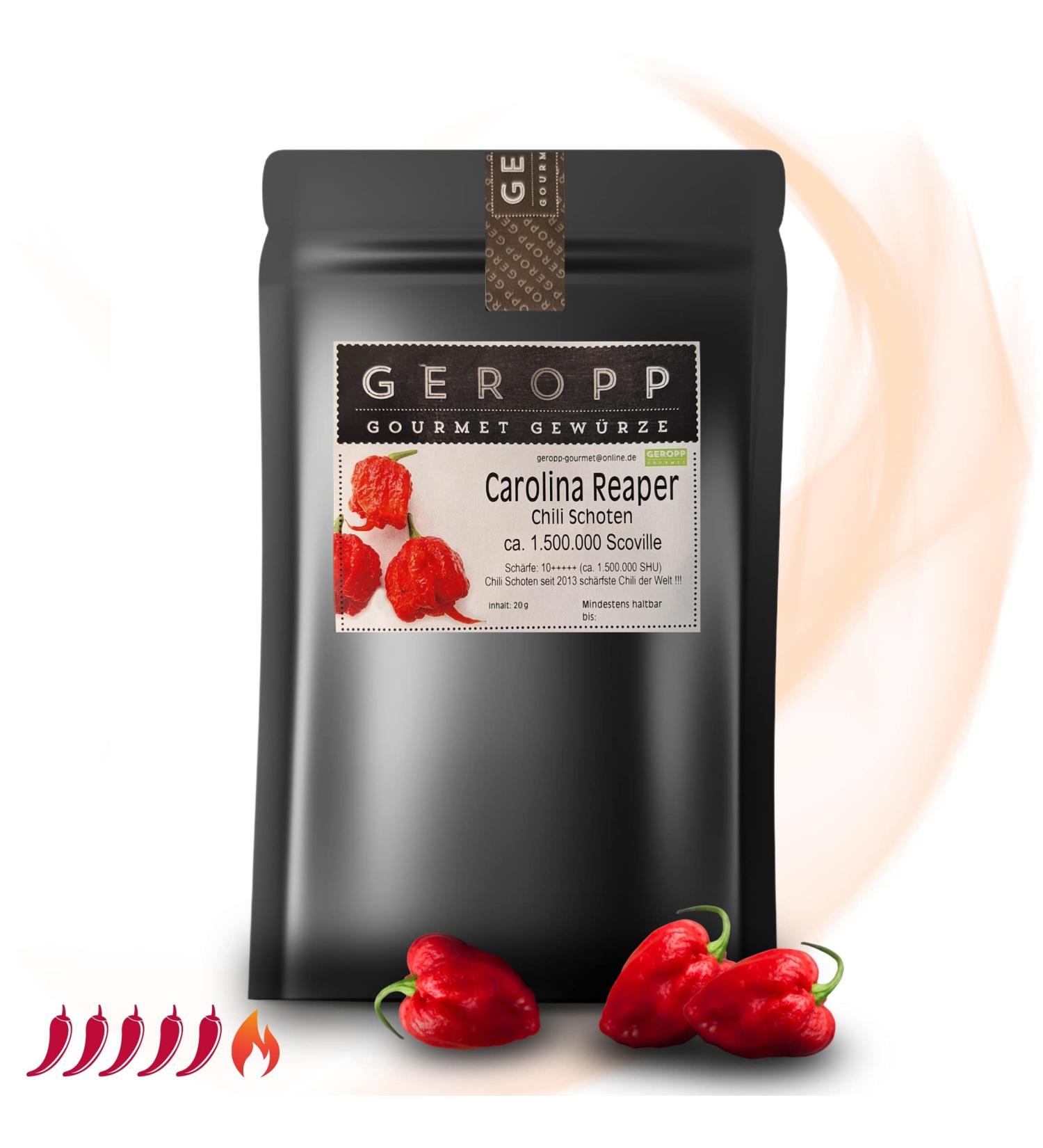 Buy Geropp Gourmet Carolina Reaper Chili Whole Schoten 20g | World s Sharpest Chili (1.5M Scoville) | Lockable Aroma Bag | Perfect for Grilling & Cooking | Unique Spice Gift Idea - Buy Online on GoSupps.com
