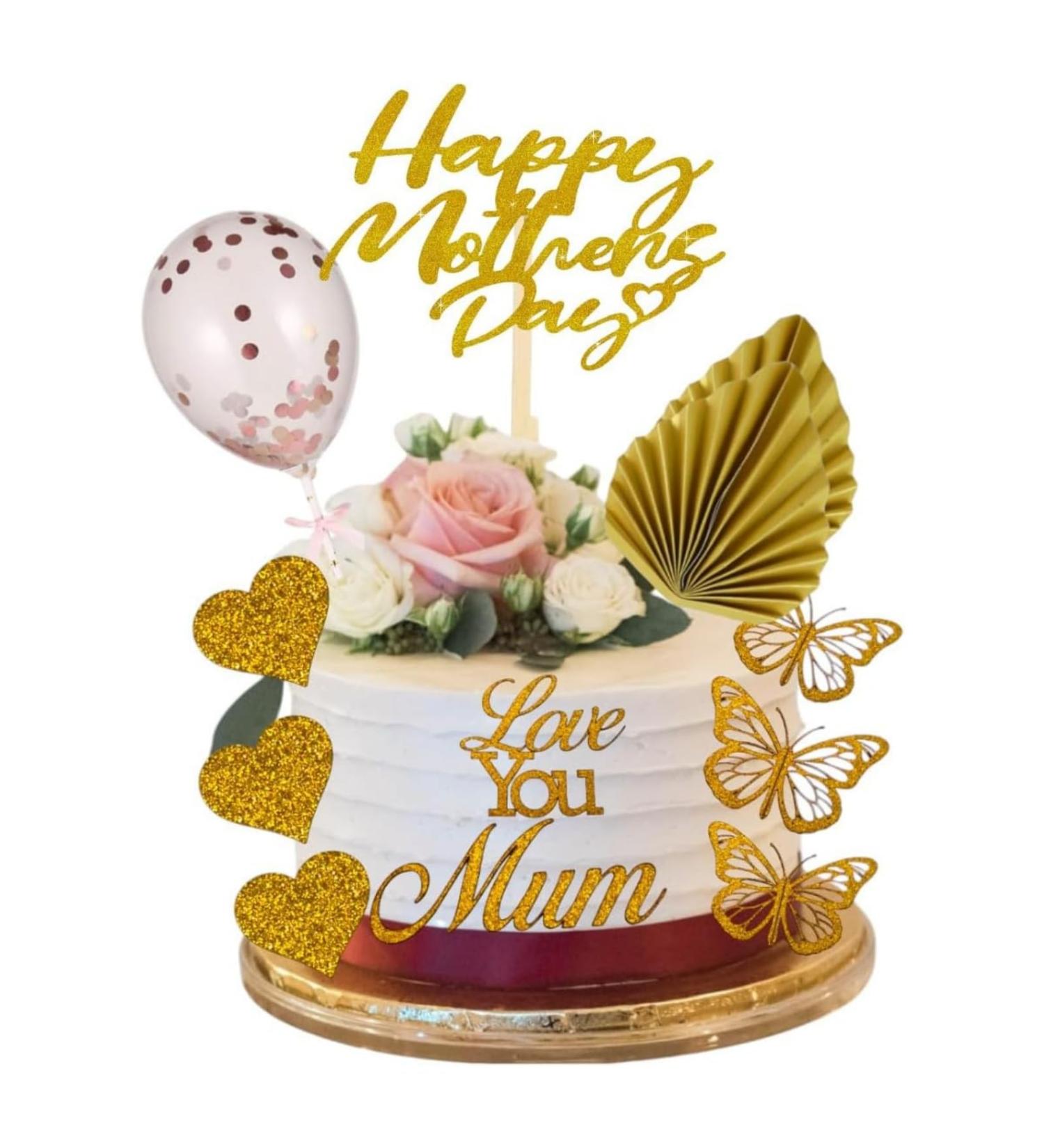 12 Pcs Happy Mother's Day Cake Topper Set Cake Decorations Mothers Day Cake Toppers Palm Leaf Sequins Balloon Glitter Card Cake Toppers for Mum Party Cake Decor (GOLD) - Buy Online on GoSupps.com