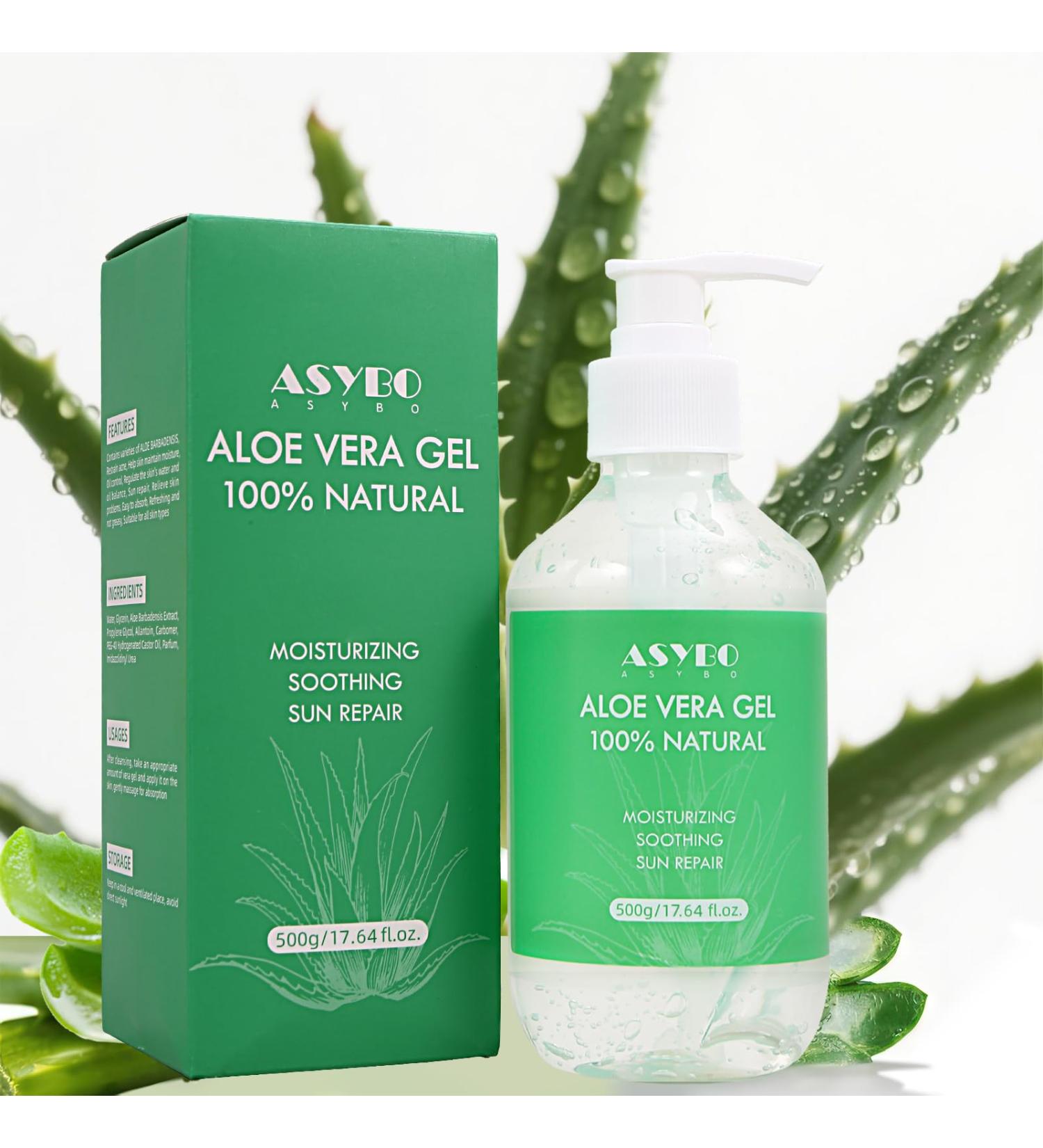 ASYBO Aloe Vera Gel 500 ml 100% Natural Pure Aloe Vera for Face Body Hair Soothing and Nourishing Moisturising Aloe Cream for Dry Skin Sunburn Acne After Sun Lotion - Buy Online on GoSupps.com