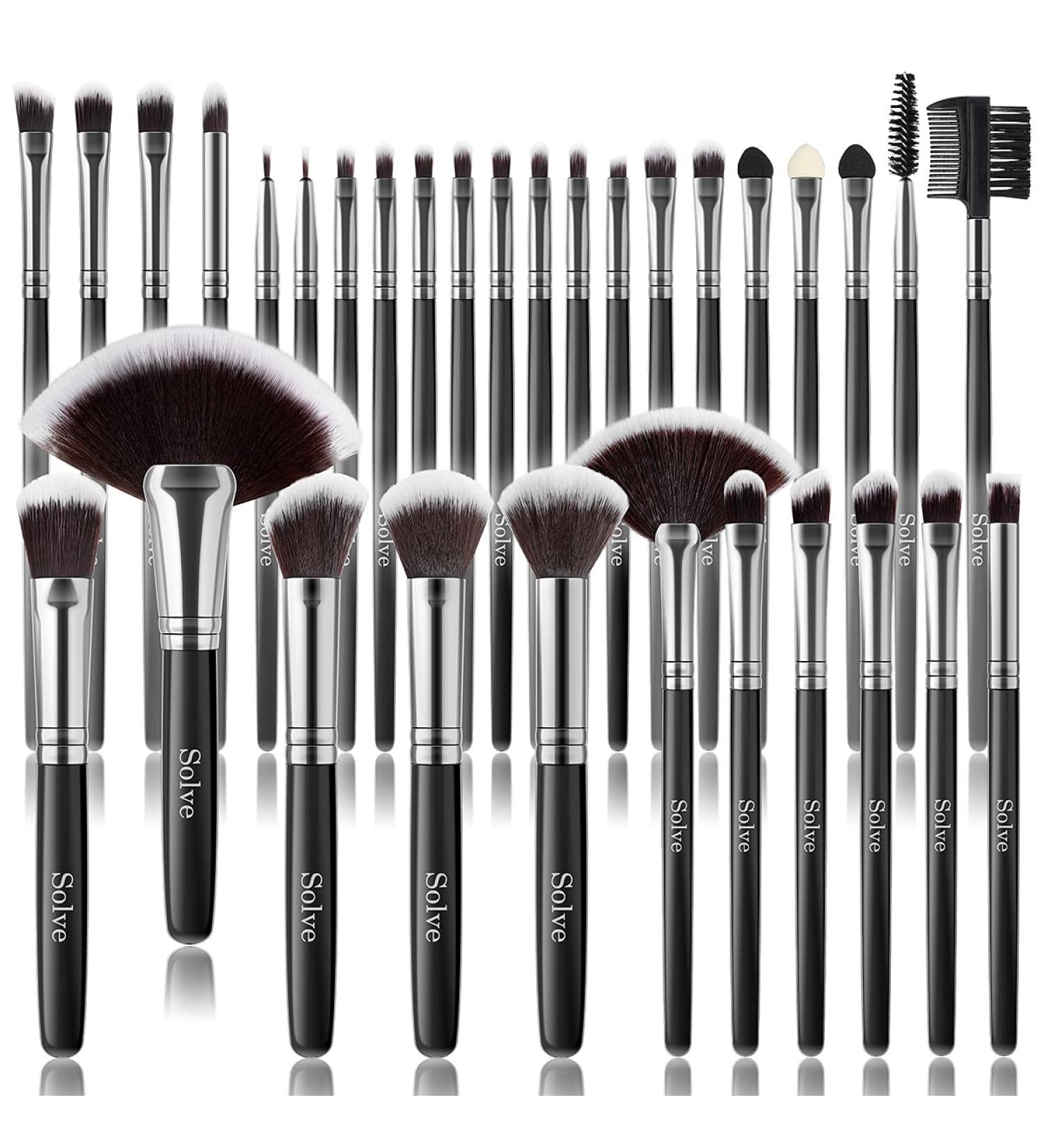 SOLVE 32-Piece Professional Makeup Brush Set with Wooden Handles - Cosmetics Brushes for Foundation, Concealer, Powder - Black Face and Eye Makeup Brushes Kit - Buy Online on GoSupps.com