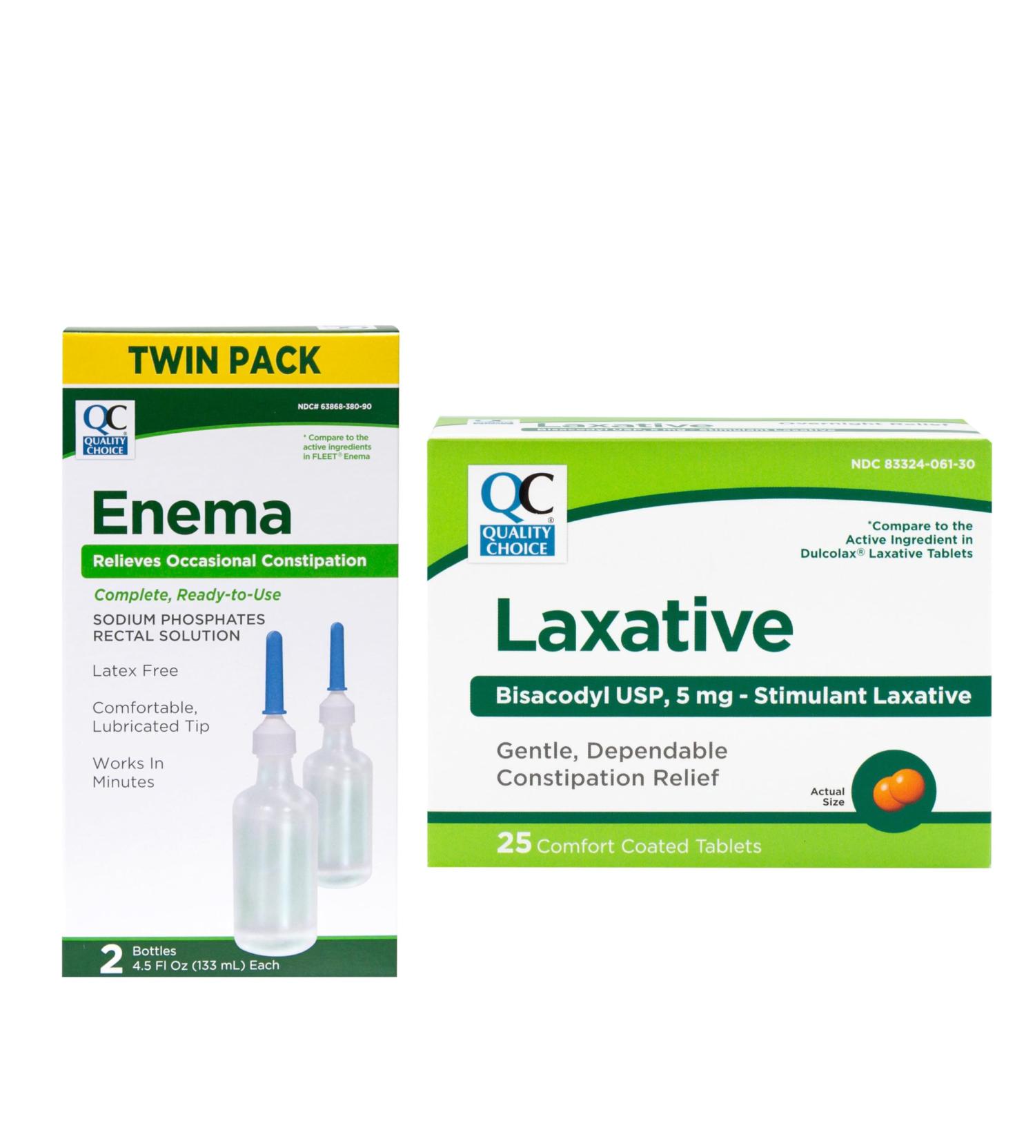 Quality Choice Constipation Relief Bundle with Enema Twin Pack Sodium Phosphates Rectal Solution and Bisacodyl 5mg Comfort Coated Stimulant Laxative Tablets for Gentle and Effective Overnight Relief - Buy Online on GoSupps.com