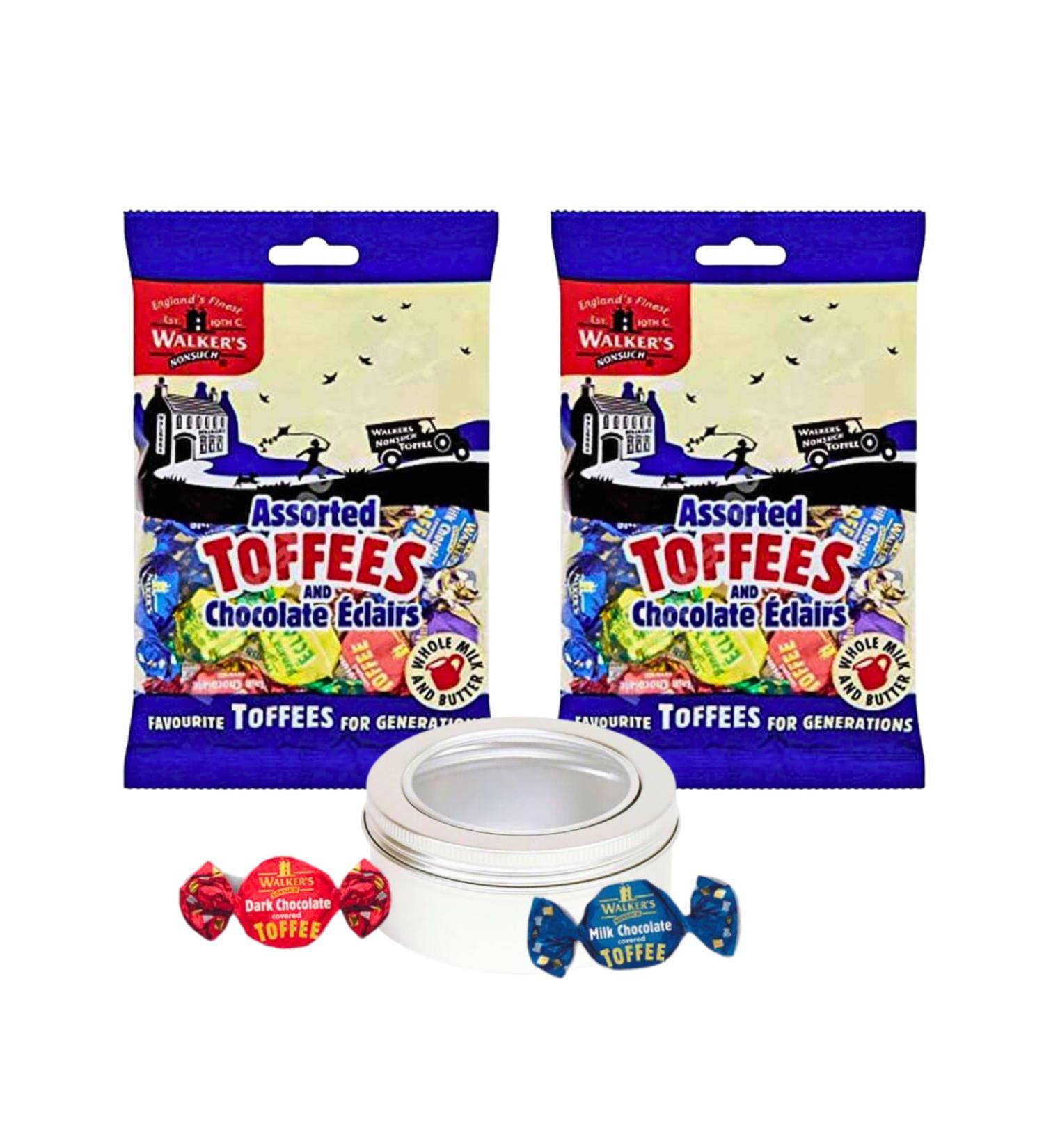 Toffee Sweets Walkers Assorted Selection with Chocolate Eclairs x 2 Bags 300g Bundle with Silver Window Lid Refillable On-the-Go Tin - Buy Online on GoSupps.com