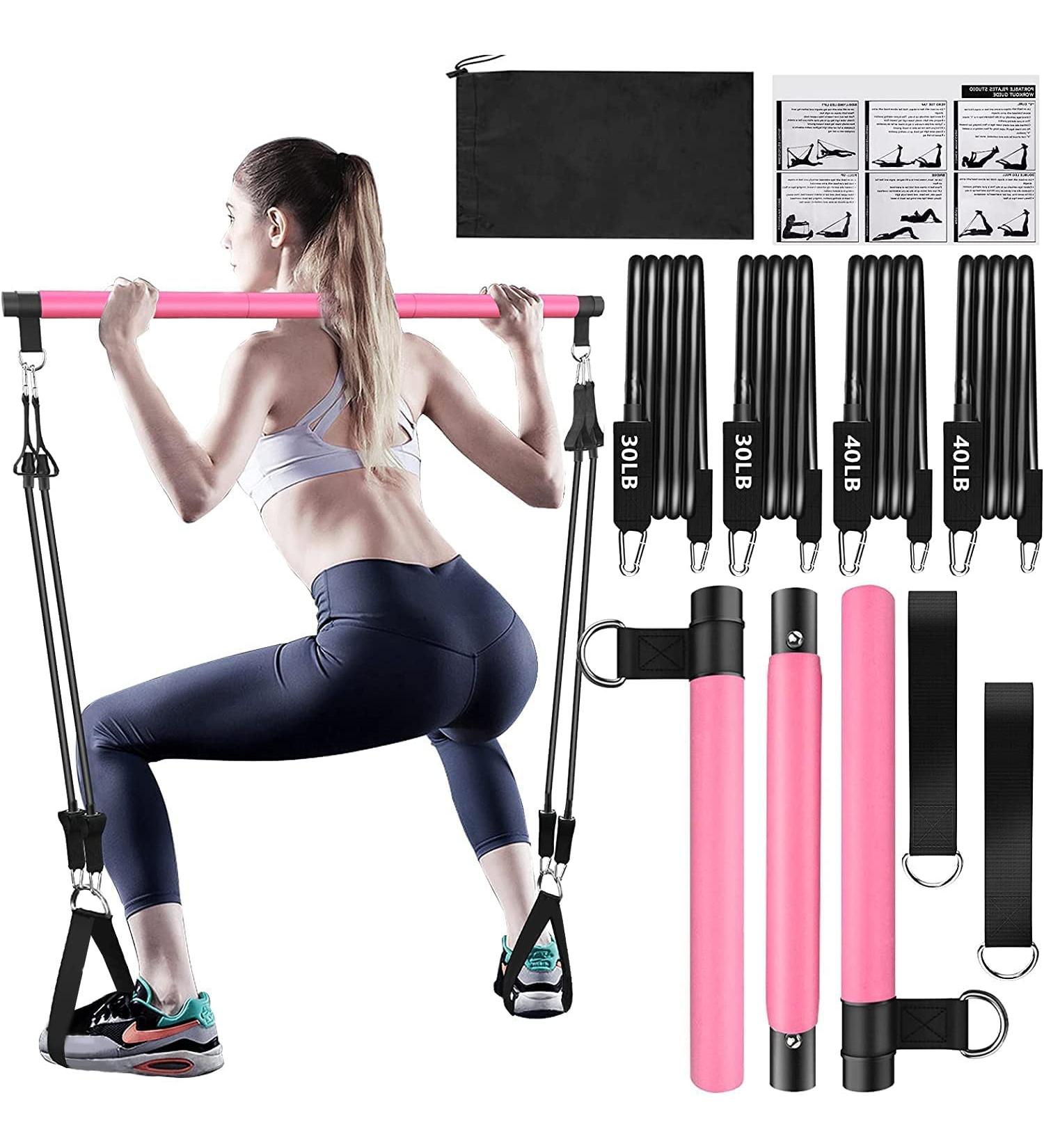 Pilates Bar Kit with Resistance Bands - 3-Section Bar, 4x Resistance Bands - Pink (30lbs, 4lbs) - Full Body Workout Equipment - Buy Online on GoSupps.com