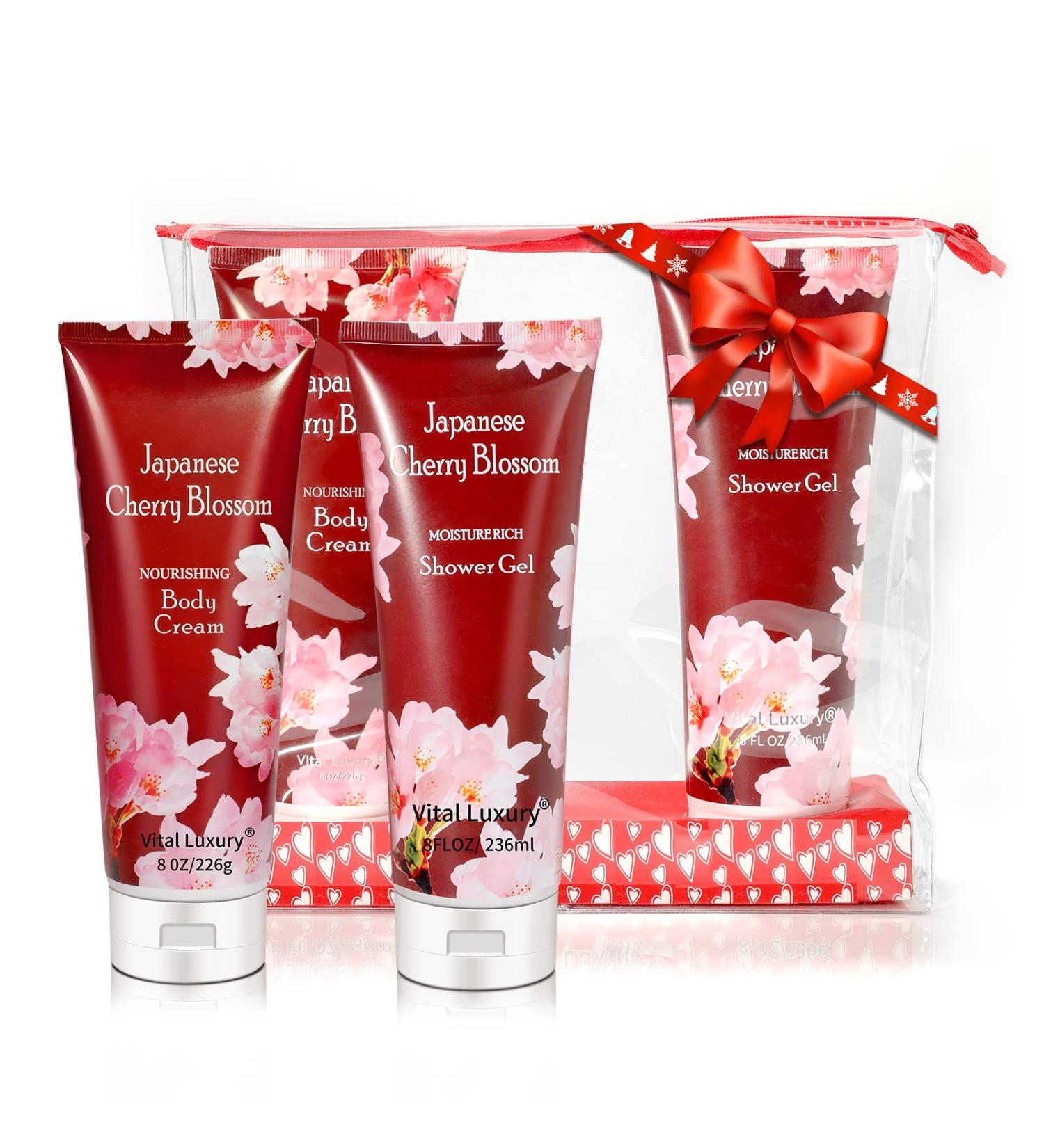 Organic Travel-Size Moisturizing Gift Set with Japanese Cherry Blossom for Men and Women - Includes Shower Gel, Body Cream, Hand Cream - 8 FL OZ (3 sets) - Buy Online on GoSupps.com