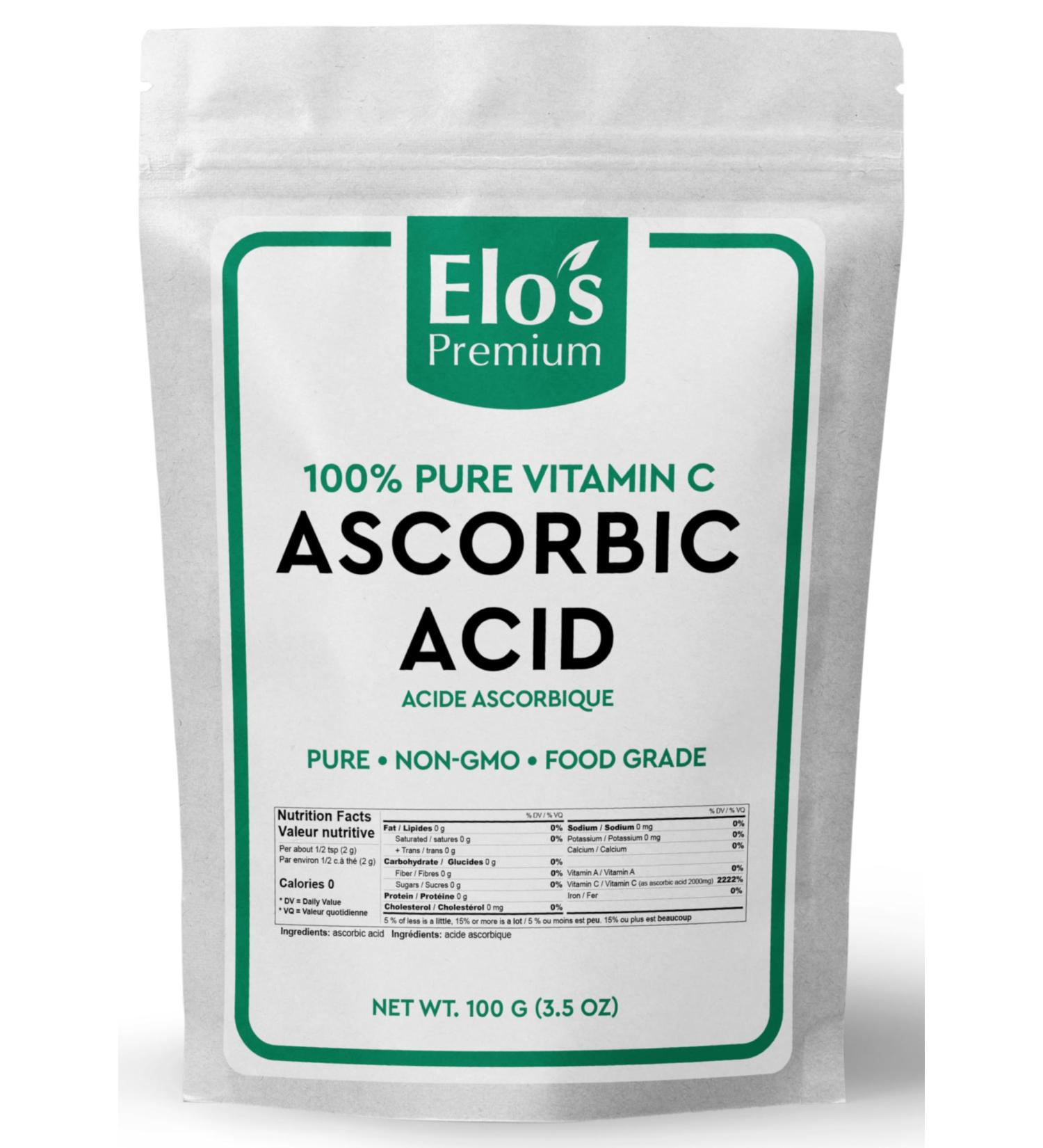 Ascorbic Acid (100g) By Elo s Premium | Packaged In Canada| 100% All-Natural Pure Vitamin C| Non-GMO Vegan Gluten Free and Keto | | Food Grade Powder Supports Immune System Skin Repair Metabolism & More - Buy Online on GoSupps.com