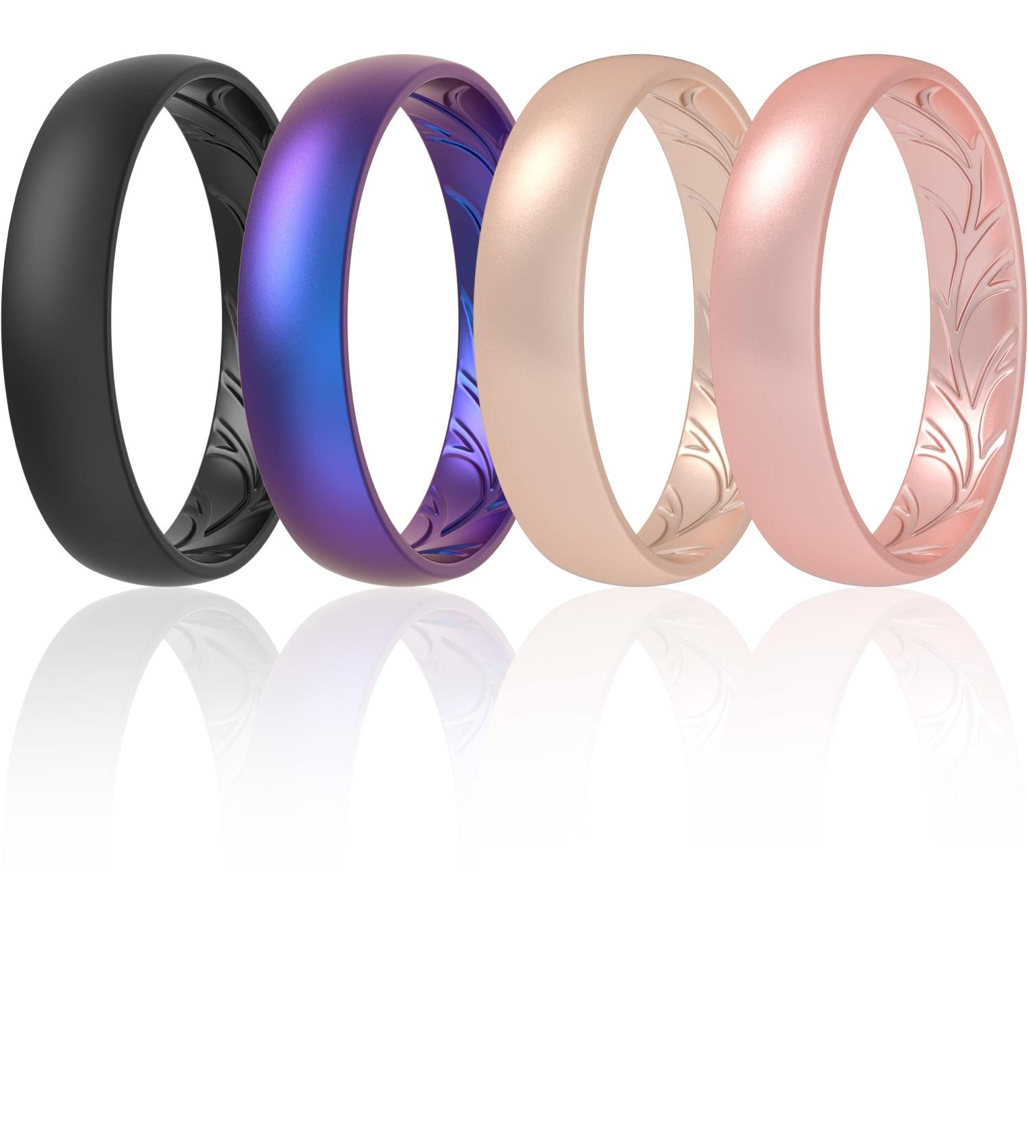 ThunderFit Women Silicone Wedding Bands - Breathable Leaf Cross Pattern Rings | Rose Gold | Black | Galaxy - 4mm Wide, Size 5.5-6 (16.5mm) - Buy Online on GoSupps.com