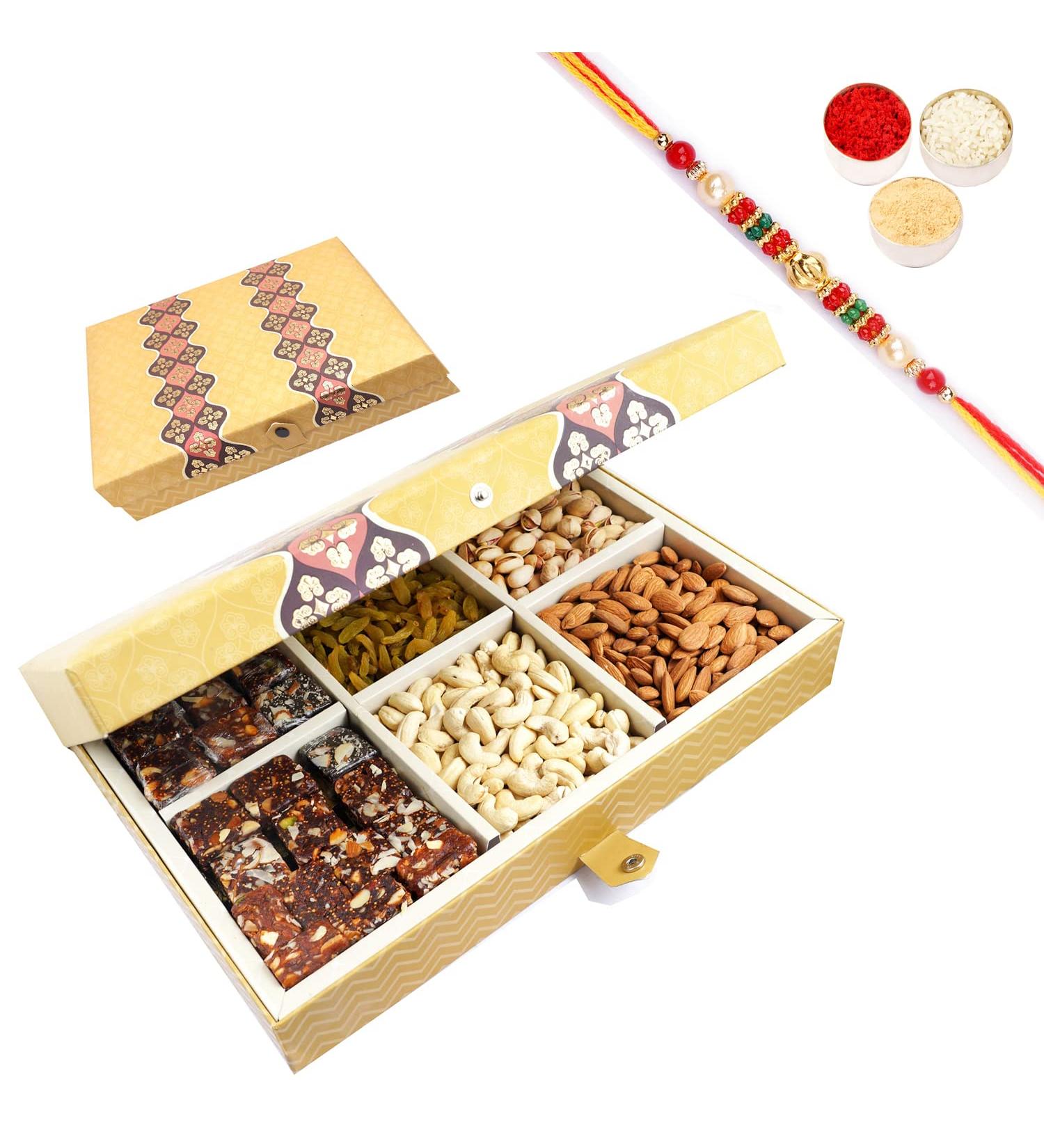 Ghasitaram Gifts Rakhi Gifts for Brothers 6 Part Box with Dryfruits and Sugarfree Bites 900 GMS with Beads Rakhi Box with Dryfruits and SF Bites 900g with Rakhi - Buy Online on GoSupps.com