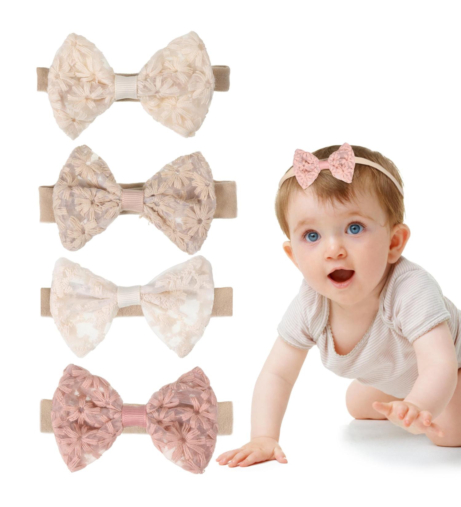 Euioovm Baby Girl Hair Bands - 4 Pack Bow Headbands for Toddlers | Embroidered & Printed Nylon Headgear - Buy Online on GoSupps.com
