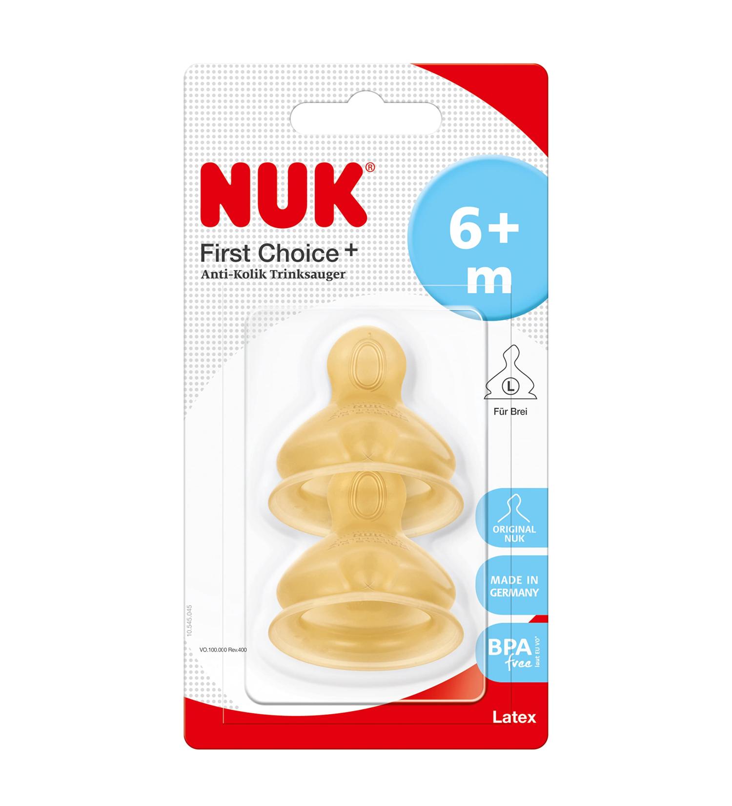NUK First Choice+ Latex Baby Bottle Teat 6-18 Months - Large Feed Hole Anti-Colic, 2-Pack Yellow - Buy Online on GoSupps.com