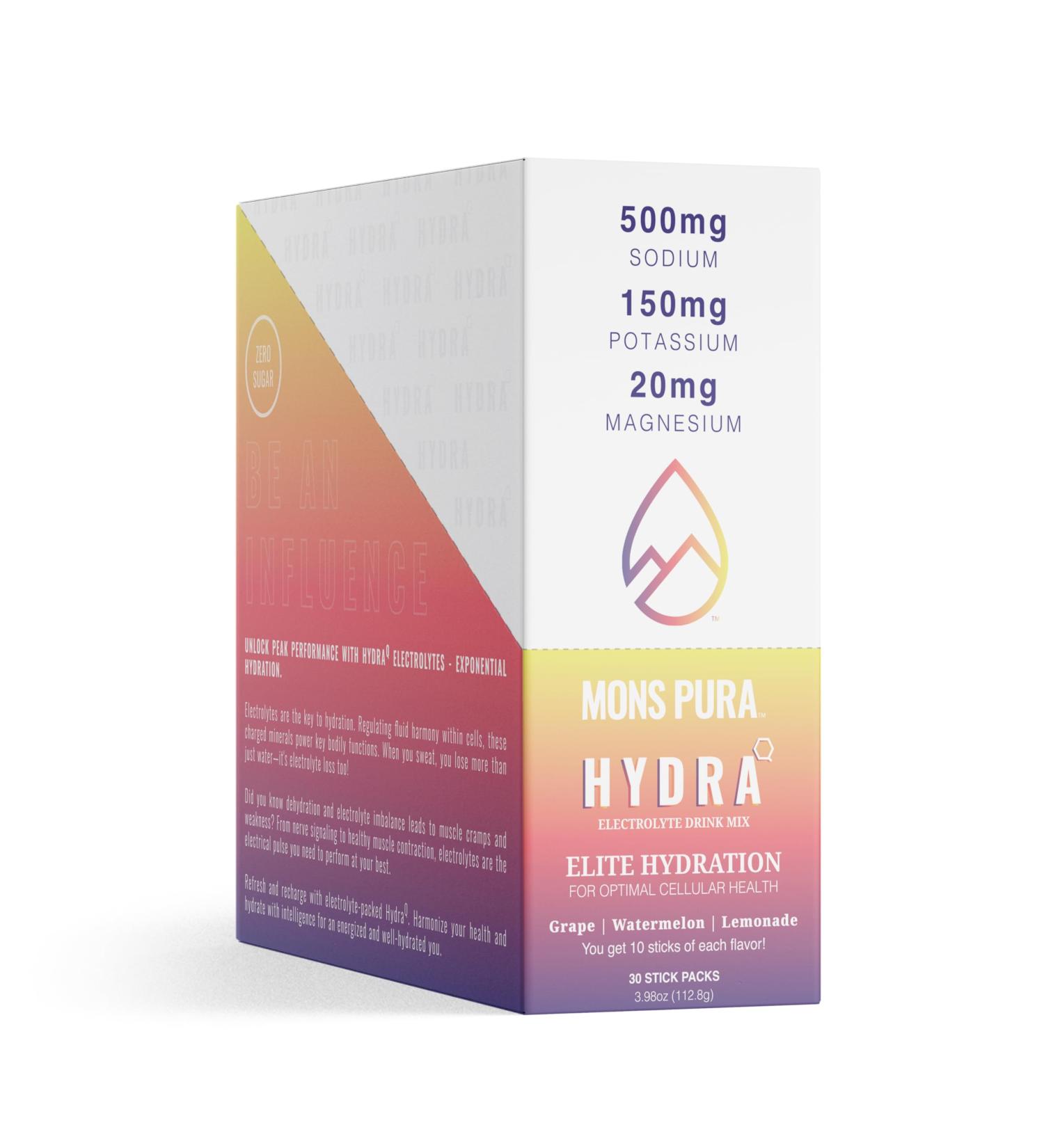 Mons Pura Hydra - Elite Hydration Electrolyte Drink Mix (30 Count Grape Watermelon Lemonade Flavors) Variety - Buy Online on GoSupps.com