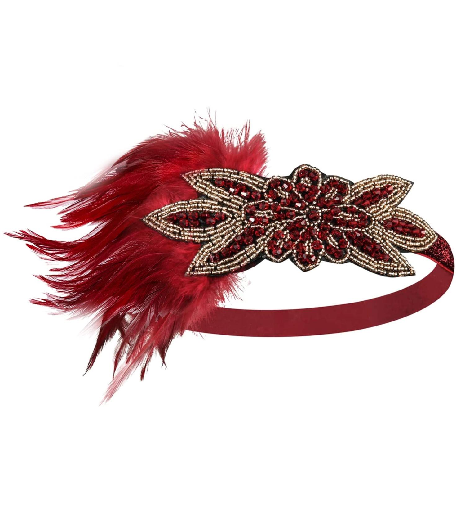1920s Flapper Feather Headband 20s Sequined Showgirl Headpiece Roaring 20's Theme Set for Women Girls Costume Headwear (Red Feather) - Buy Online on GoSupps.com