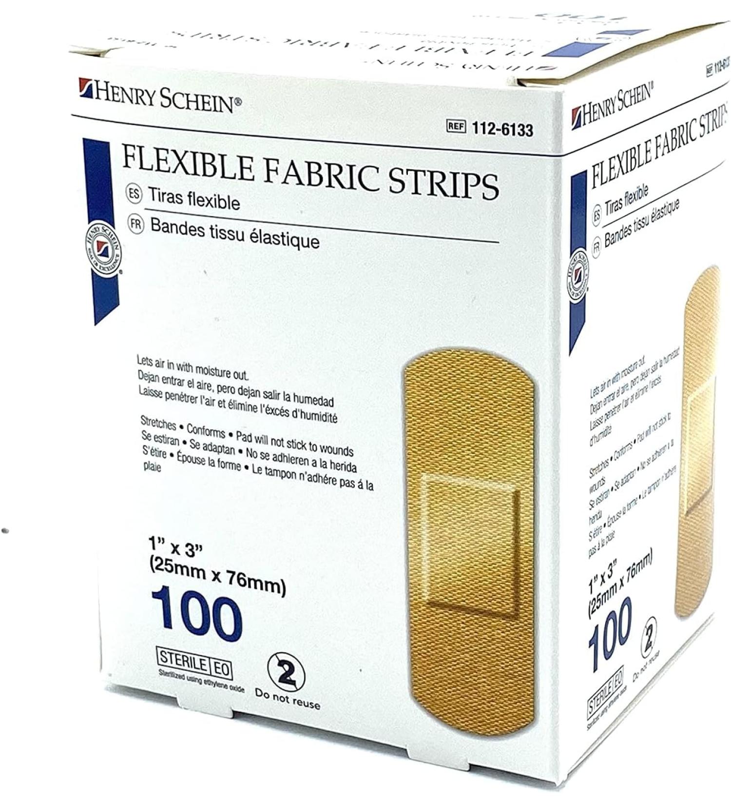 Henry Schein Fabric Strips Bandage 1x3 - Flexible Adhesive Latex-Free Flesh Colored (Box of 100) - International Shipping Available - Buy Online on GoSupps.com