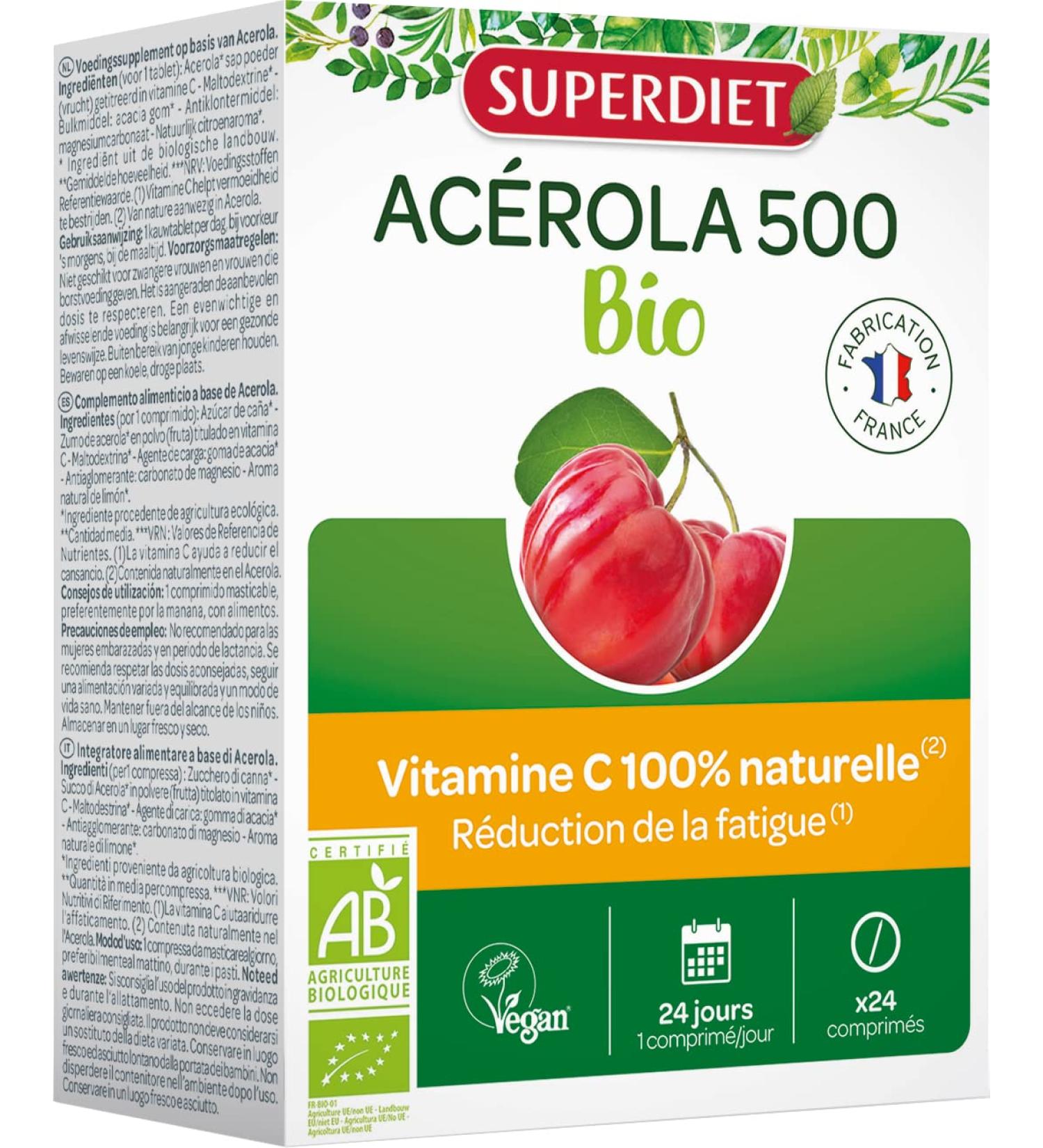SUPERDIET- AC ROLA 500 BIO - Haute concentration en Vitamine C-R duction de la fatigue -Fabrication Fran aise-24 comprim s croquer - Buy Online on GoSupps.com