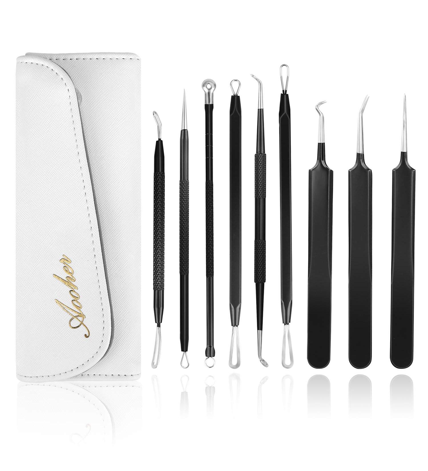Blackhead Acne Remover Kit - 9pcs Stainless Steel Extractor Set for Blackhead, Whitehead, Acne, Pimples - Aooher - Buy Online on GoSupps.com
