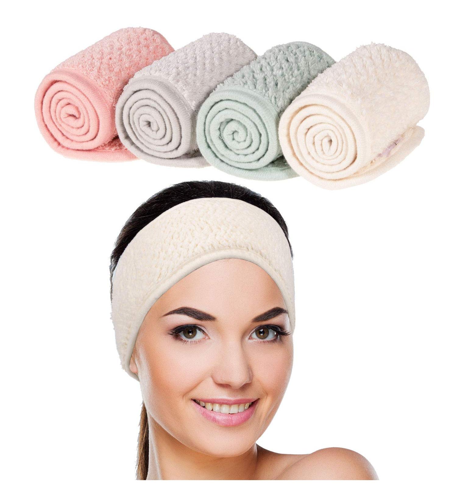 Whaline 4 Pack Spa Facial Headband - Super Absorption Coral Fleece Hair Band Set for Makeup, Shower, Sports - Adjustable & Soft Towel Headband (Pea Green, Pink, Beige, Light Gray) - Buy Online on GoSupps.com