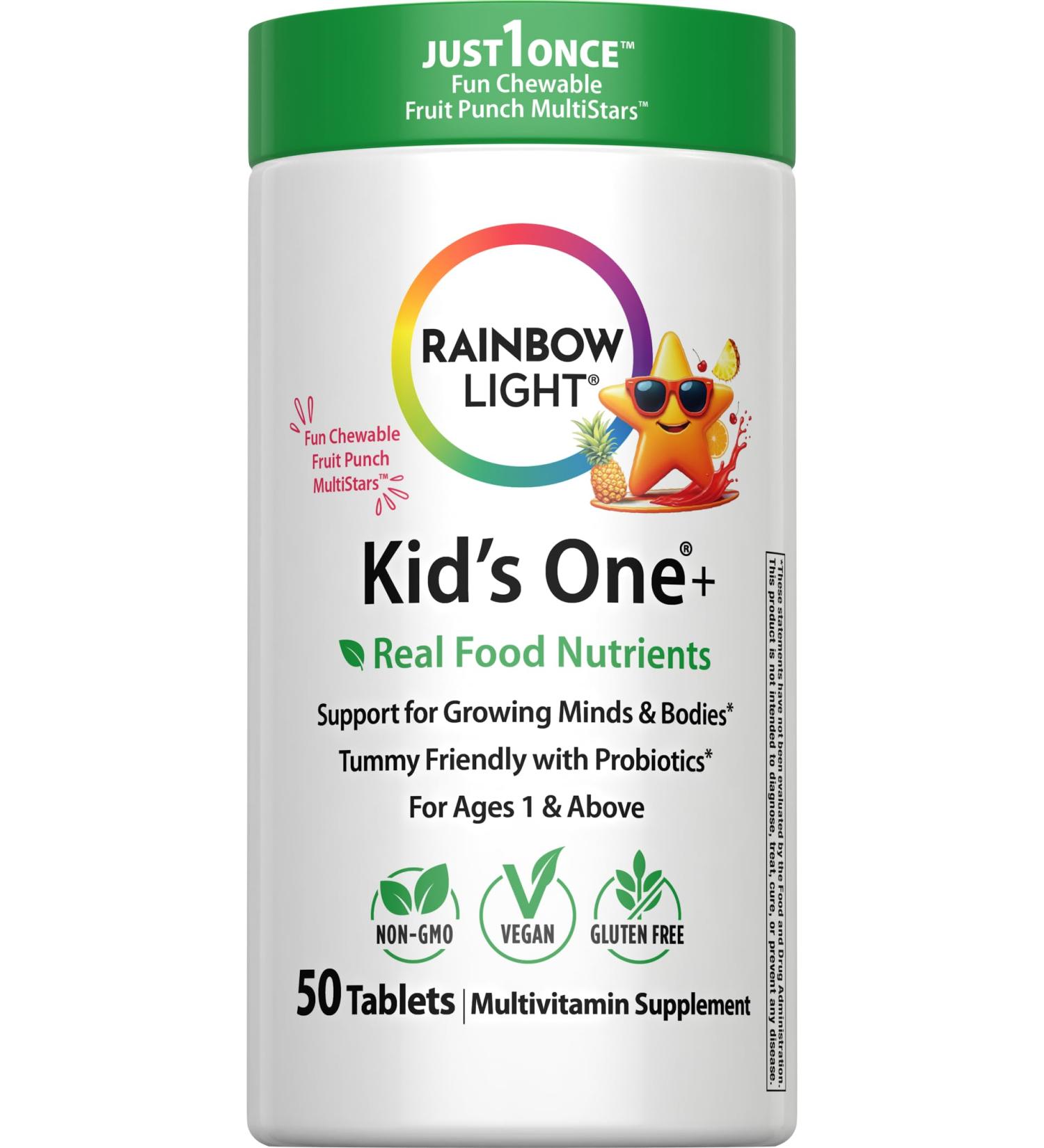 Rainbow Light Kids One + Multivitamin | 50 Chewable Tablets | with Iron & Tummy Friendly Probiotics | Fruit Punch Flavor | Real Food Nutrients - Buy Online on GoSupps.com