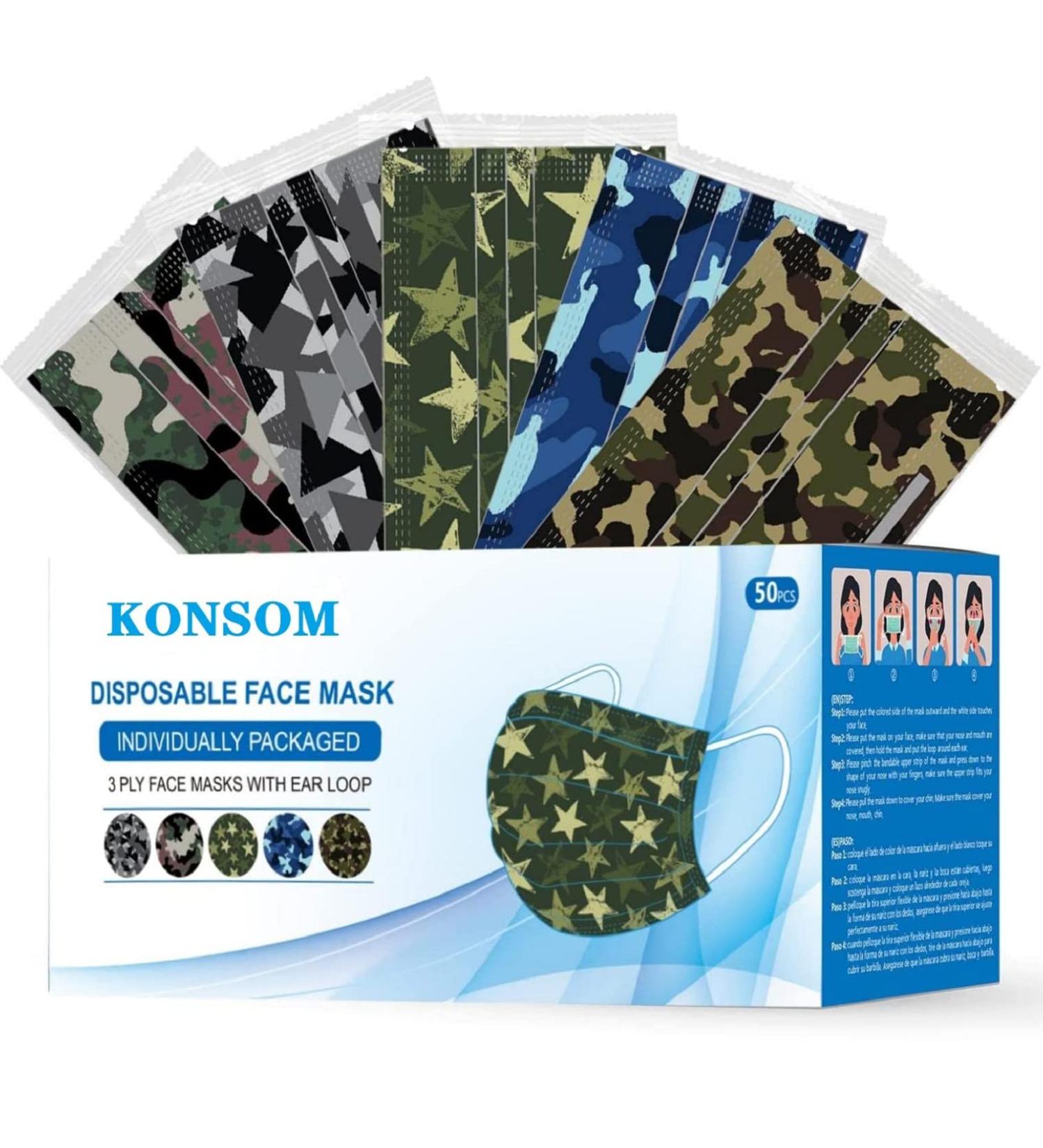 KONSOM Disposable Face Mask Printed Colorful Face Mask Individually Packed 50PCS