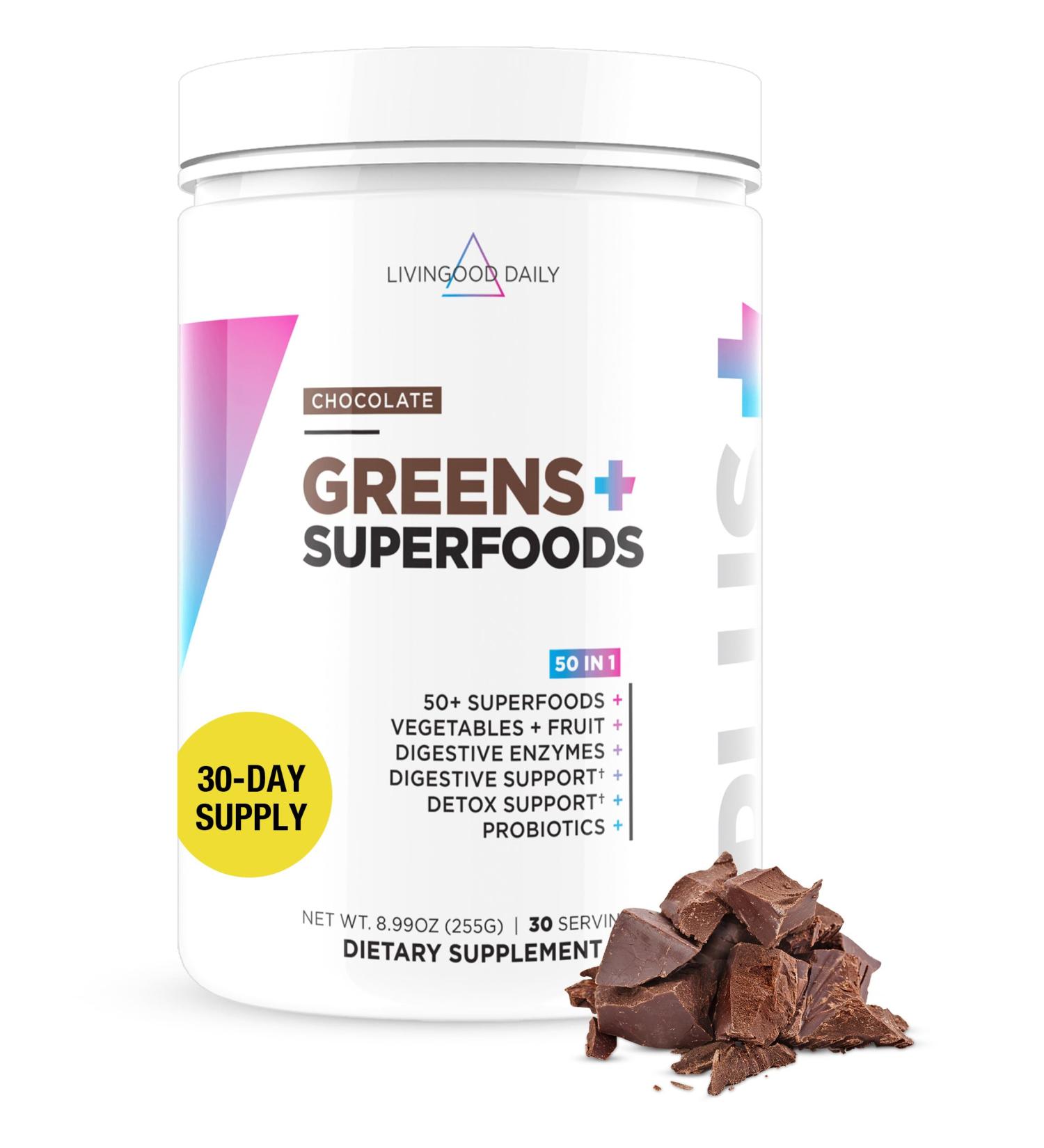 Livingood Daily Greens & Superfood Powder Super Greens for Gut Health Green Juice Powder with Spirulina Chlorella and Digestive Enzymes Probiotics for Digestive Support Chocolate 30 Servings - Buy Online on GoSupps.com