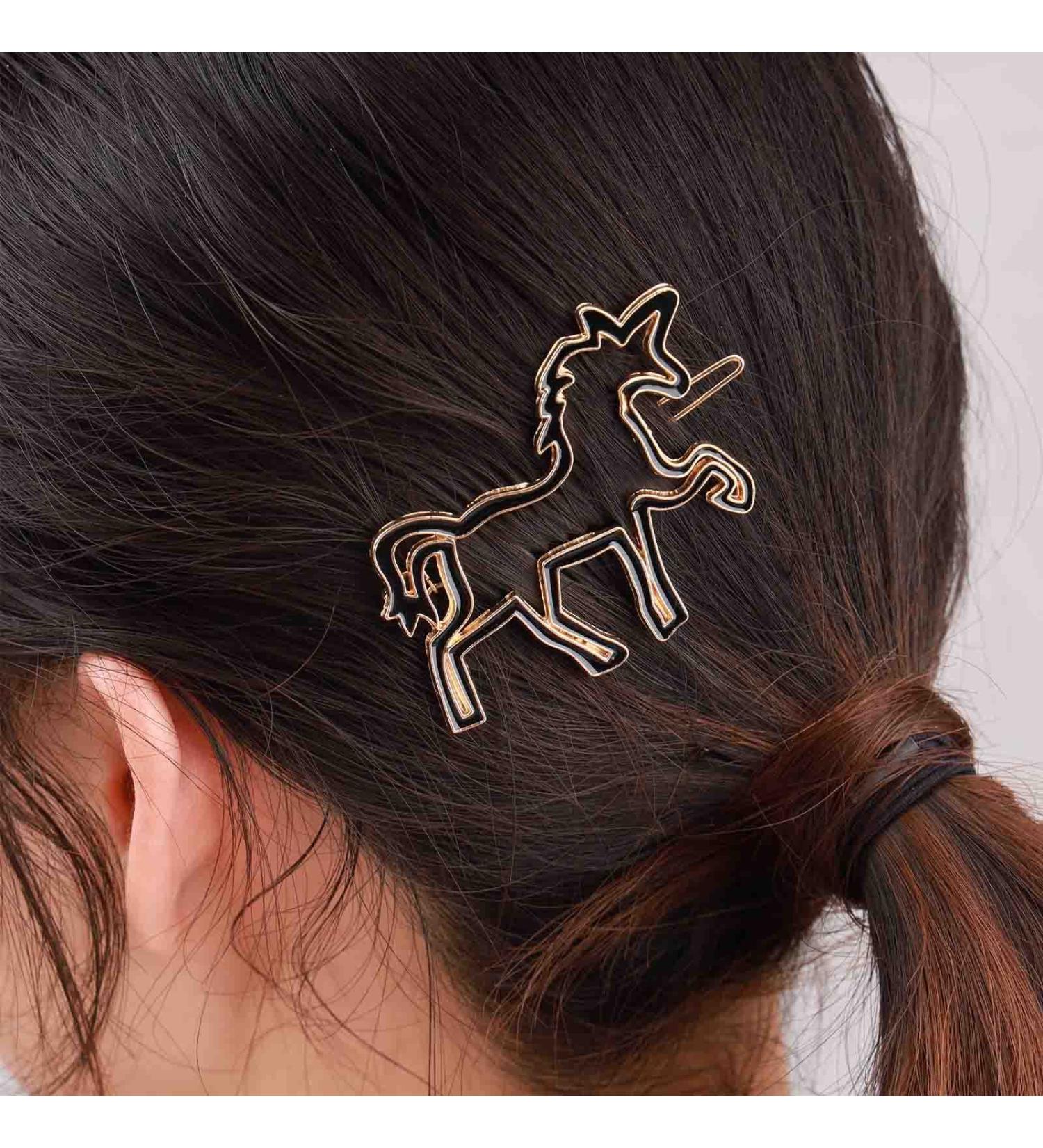 Yienate Unicorn Hair Clip - Gold Cute Pony Hairpins with Black Border | Fashionable Geometric Metal Bobby Pin & Ponytail Holder - Elegant Hair Jewelry in Gold Black & Silver - Buy Online on GoSupps.com