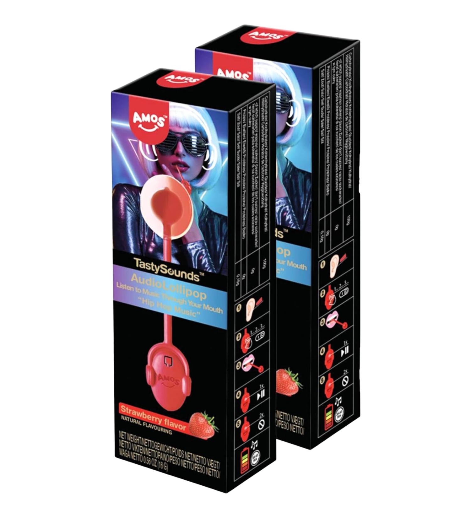 Amos TastySounds Candy Lollipop Strawberry Flavour 16g (Pack of 2) | Individually Packed Audio Music Lollipop - Buy Online on GoSupps.com