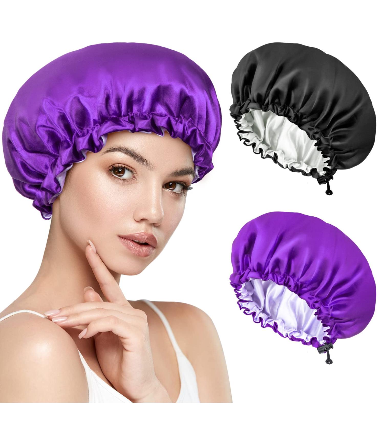 Shop Silk Satin Bonnet Set - Adjustable Double Layer Sleep Cap for Hair Protection | Stylish Black & Violet Options - Buy Online on GoSupps.com