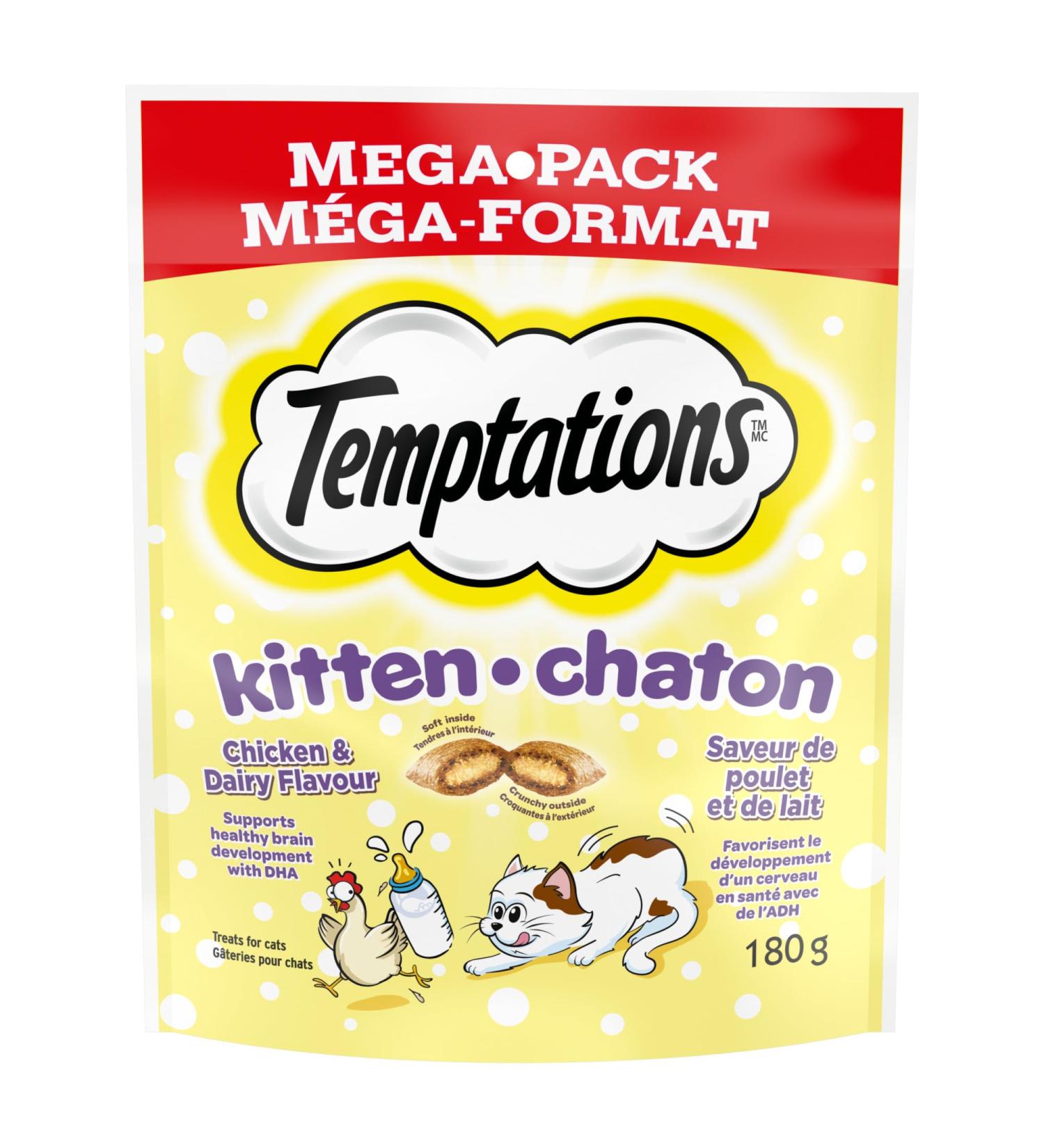 Temptations Kitten Cat Treats Healthy Brain Development Chicken & Dairy Flavour Mega-Pack 180g Pouch (10 Pack) - Buy Online on GoSupps.com