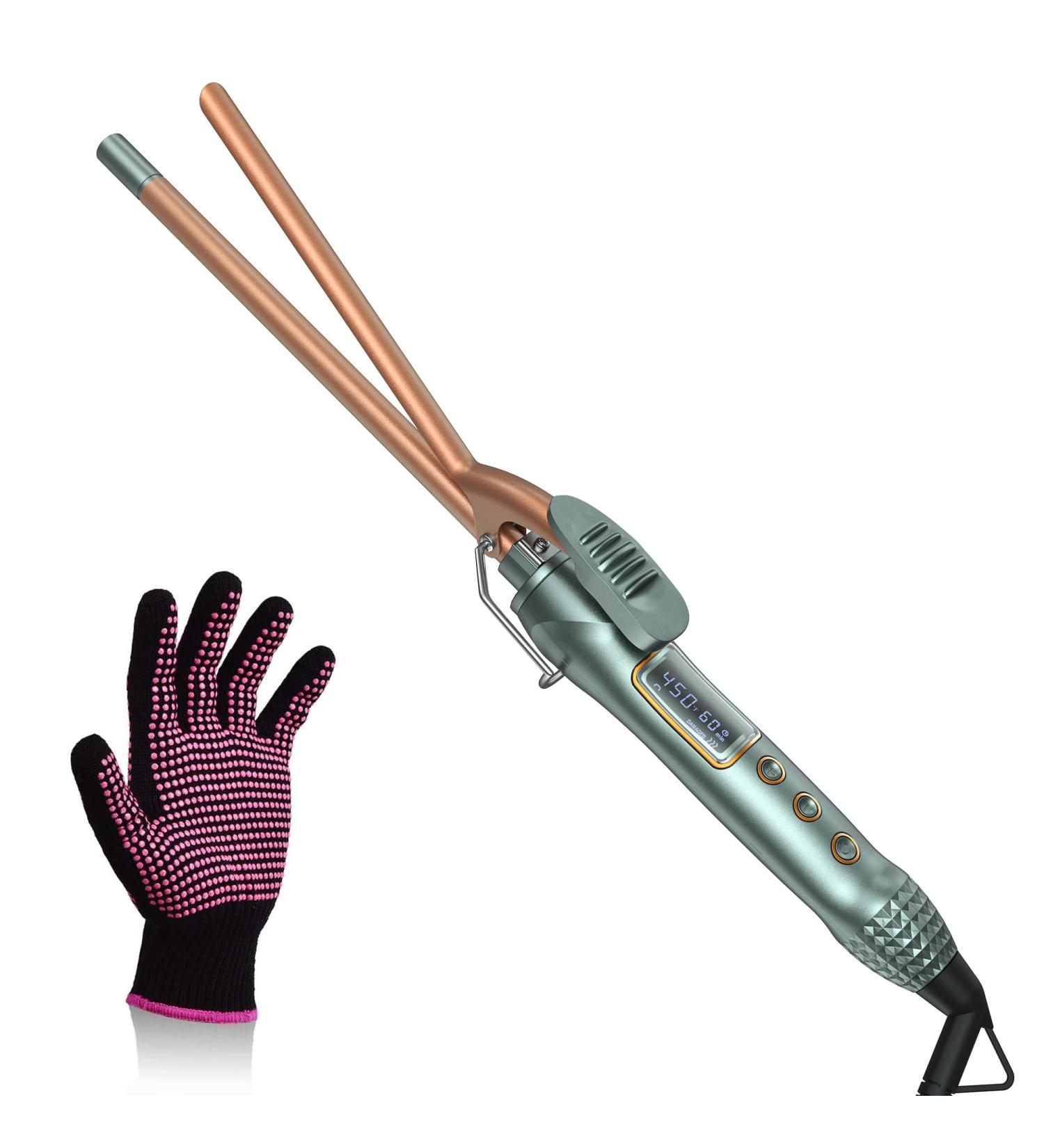3/8 Inch Curling Iron - Tiny 9mm Wand for Medium Long Hair Ceramic Barrel LCD Display Heat Glove - Perfect Tight Curls in Green - Buy Online on GoSupps.com