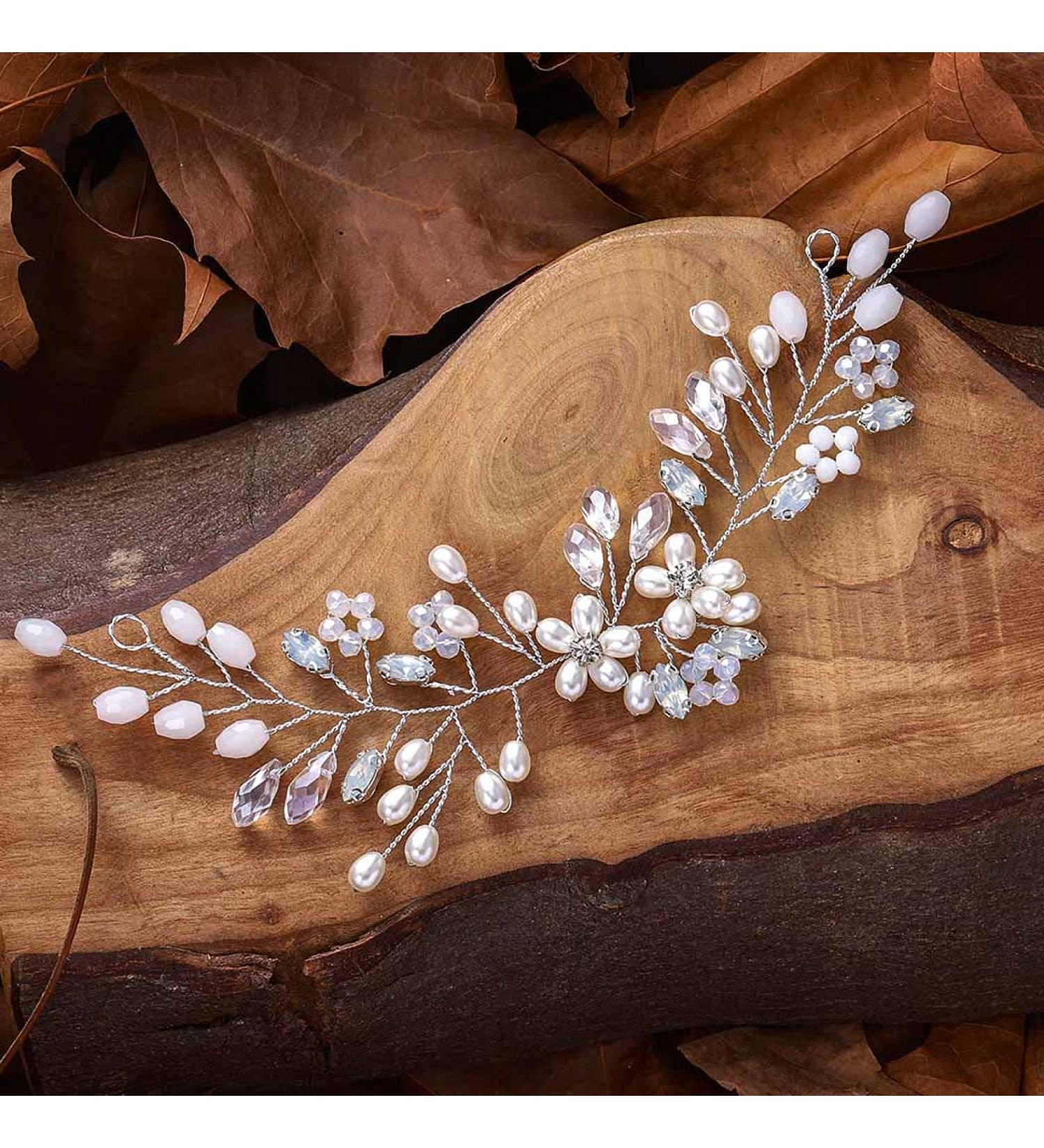Fashband Wedding Bridal Crystal Hair Vines | Silver Flower Pearl Headband & Rhinestone Headpiece | Elegant Hair Accessories for Women & Girls - Buy Online on GoSupps.com
