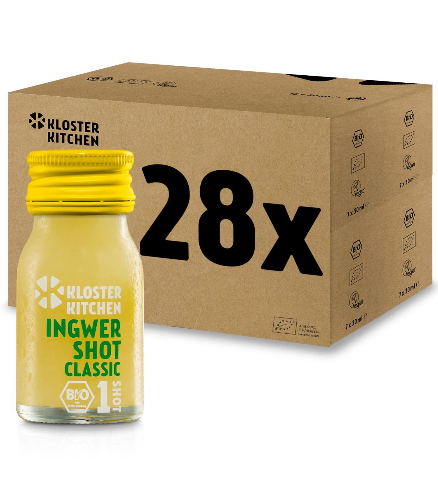 Kloster Kitchen Organic Classic Ginger Shot 1SHOT 28x 30 ml with ginger pieces | Vegan in a plastic bottle - Buy Online on GoSupps.com