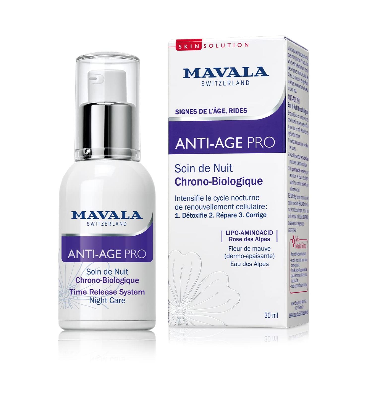 Mavala Soin de Nuit Chrono-Biologique Anti- ge Pro Visage et Yeux Cr me-S rum Chrono-Biologique R g n rante Rides Liss es Peau Repulp e Tous Types de Peaux 30 ml 30 ml (Lot de 1) Anti- ge Pro - Buy Online on GoSupps.com