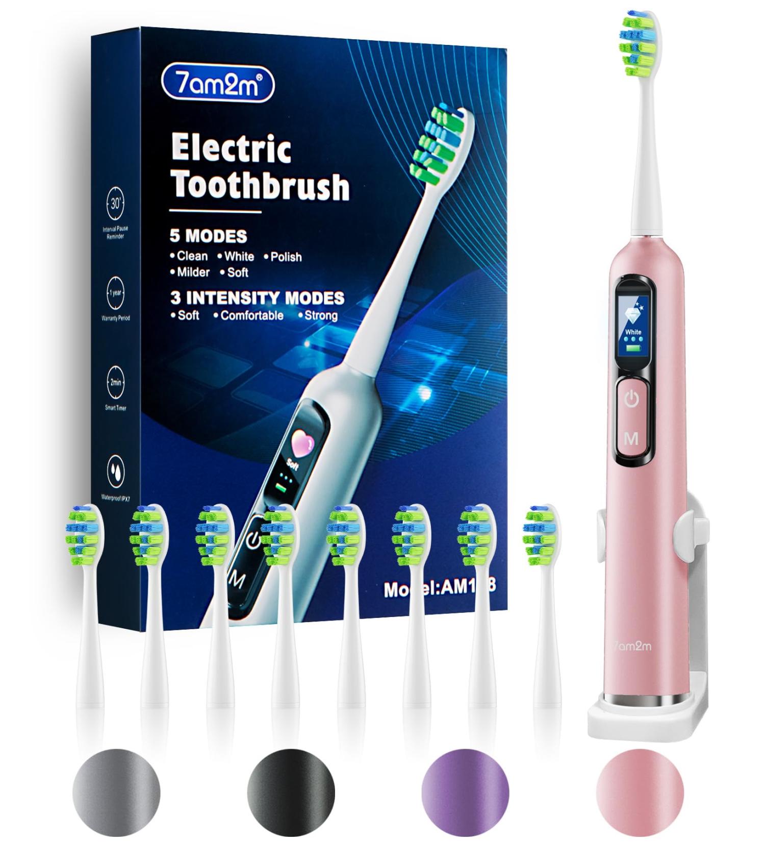 7AM2M Electric Toothbrush for Adults & Teens - LED Screen 3 Intensity Levels 5 Modes 90 Days Battery Life Fast Charge Smart Timer & 8 Brush Heads (Pink) - International Shipping Available - Buy Online on GoSupps.com