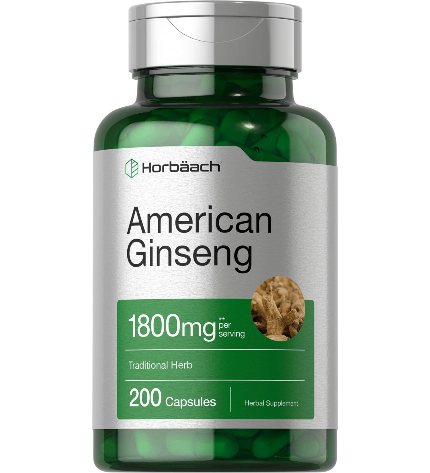 Horbaach American Ginseng Capsules 1800mg | 200 Count Non-GMO Gluten Free Supplement - Buy Online on GoSupps.com