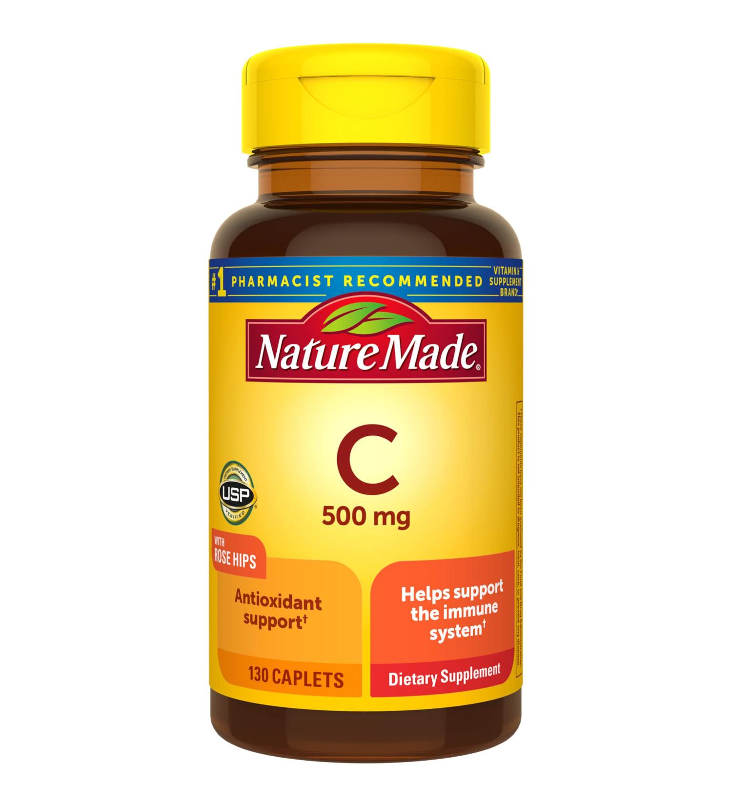 Nature Made Vitamin C with Rose Hips 500 mg - 130 Caplets for Immune Support - Buy Online on GoSupps.com