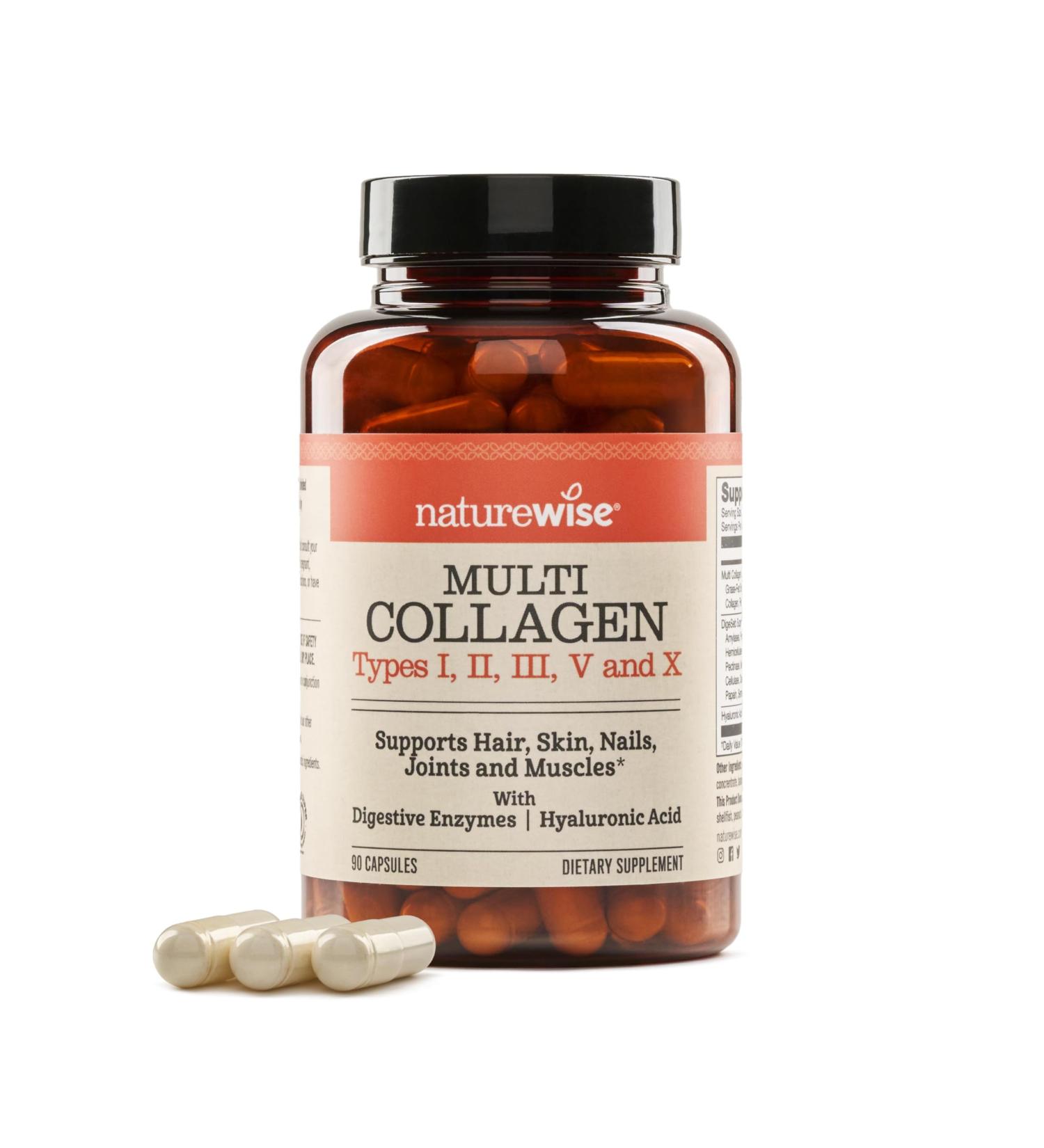 NatureWise Multi Collagen Peptides Pills for Women & Men - Type I II III V X w/Hyaluronic Acid - Supports Skin Hair Joint Health* - Grass Fed Gluten Free Non-GMO - 90 Capsules 30 Day Supply  - Buy Online on GoSupps.com