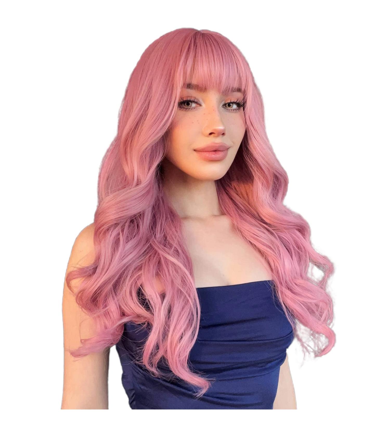 NAYASA Pink Wigs with Bangs - Long Wavy Synthetic Wig for Women - Heat Resistant and Colorful for Daily Party and Cosplay - 22 inches - Buy Online on GoSupps.com