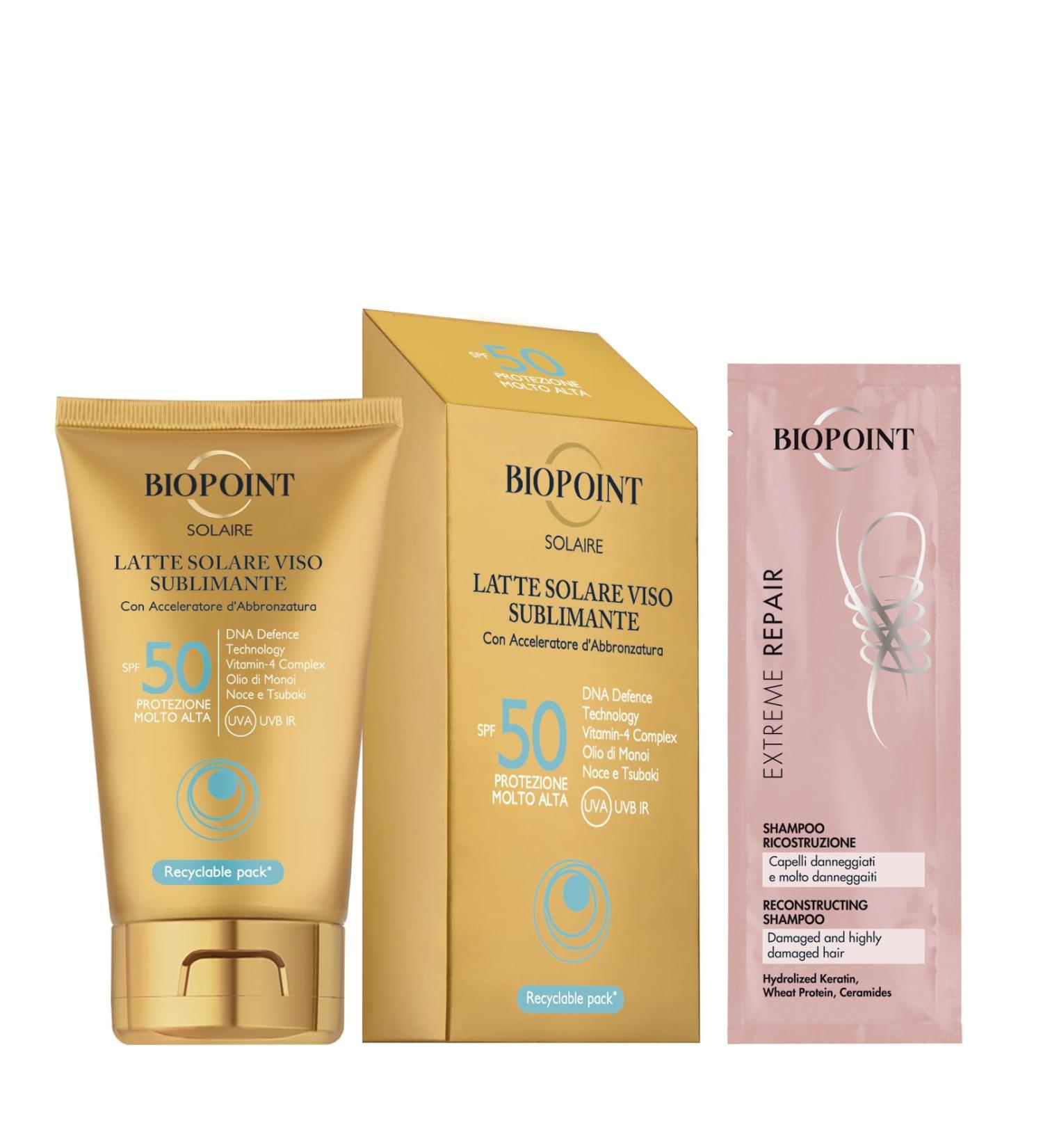  BIOPOINT Biopoint Solaire Sublime Face Sunscreen Lotion SPF 50 with Tan Accelerator Antioxidant and Moisturizing Action 50 ml with Champion Extreme Repair Shampoo 10 ml - Buy Online on GoSupps.com