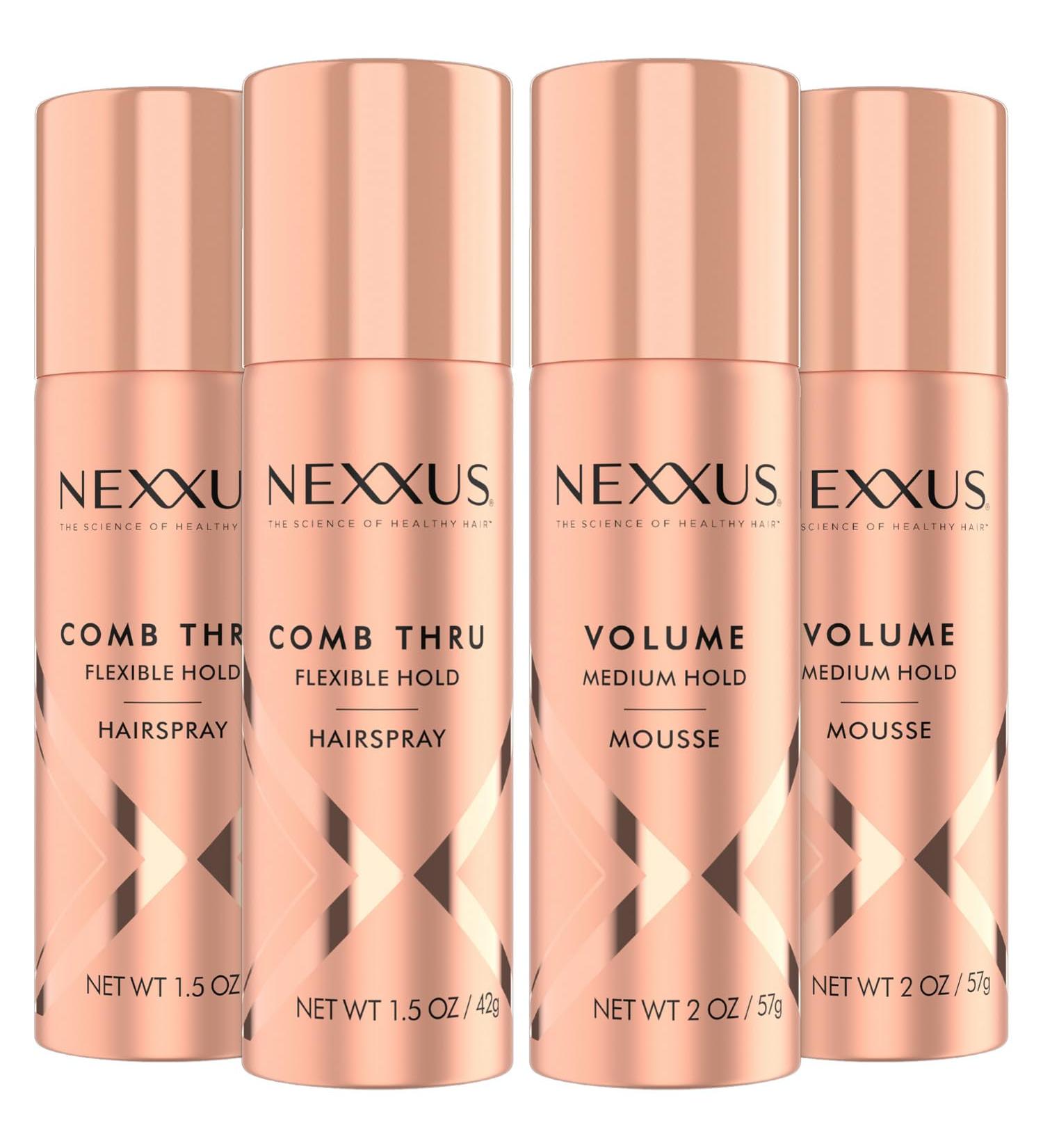 Nexxus Travel Hairspray and Mousse Bundle Comb Thru Flexible Hold Hairspray (1.5 Oz) 2-Pack + Volume Medium Hold Mousse (2 Oz) 2-Pack Anti-Humidity Frizz Control Rose Fragrance - Buy Online on GoSupps.com