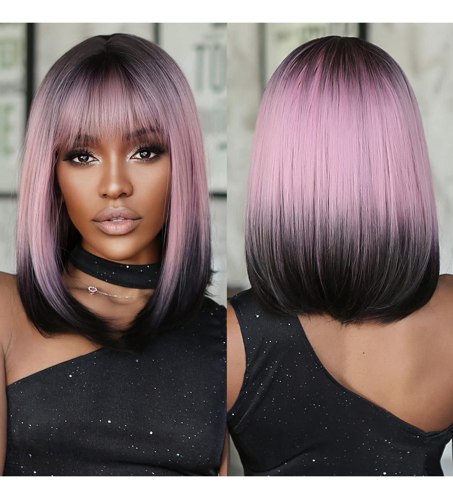 Allbell Black Pink Ombre Bob Wigs for Women | Short Straight Wigs with Bangs | Natural-Looking Hair Replacement for Cosplay & Parties - Buy Online on GoSupps.com