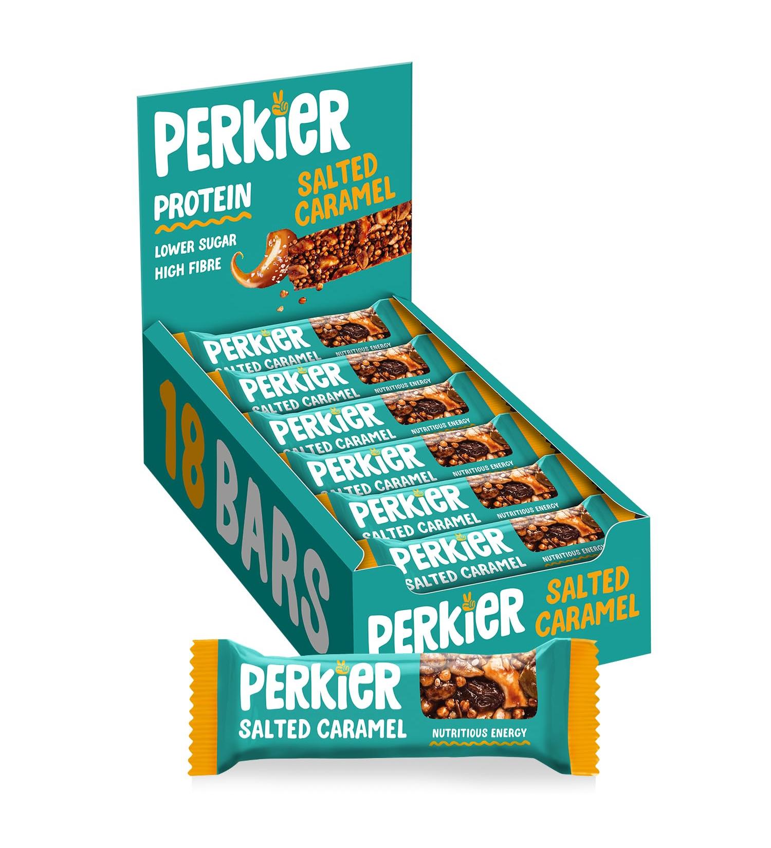Perkier Salted Caramel Snack Bars (18 Pack) - Vegan, Gluten Free, High Protein, High Fibre, Lower Sugar, Lower Calorie, No Palm Oil - Natural Ingredients - Healthy Snack Bar - Buy Online on GoSupps.com